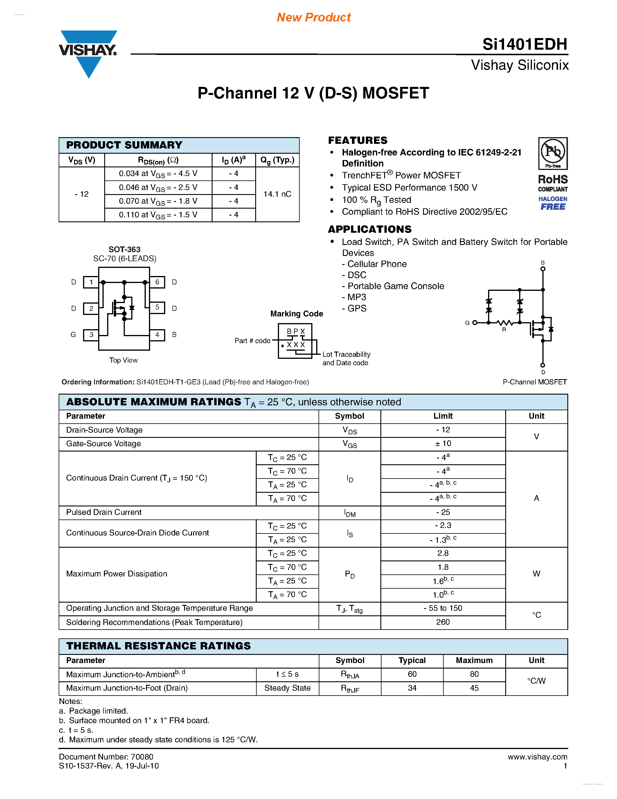 Datasheet SI1401EDH - P-Channel 12 V (D-S) MOSFET page 1