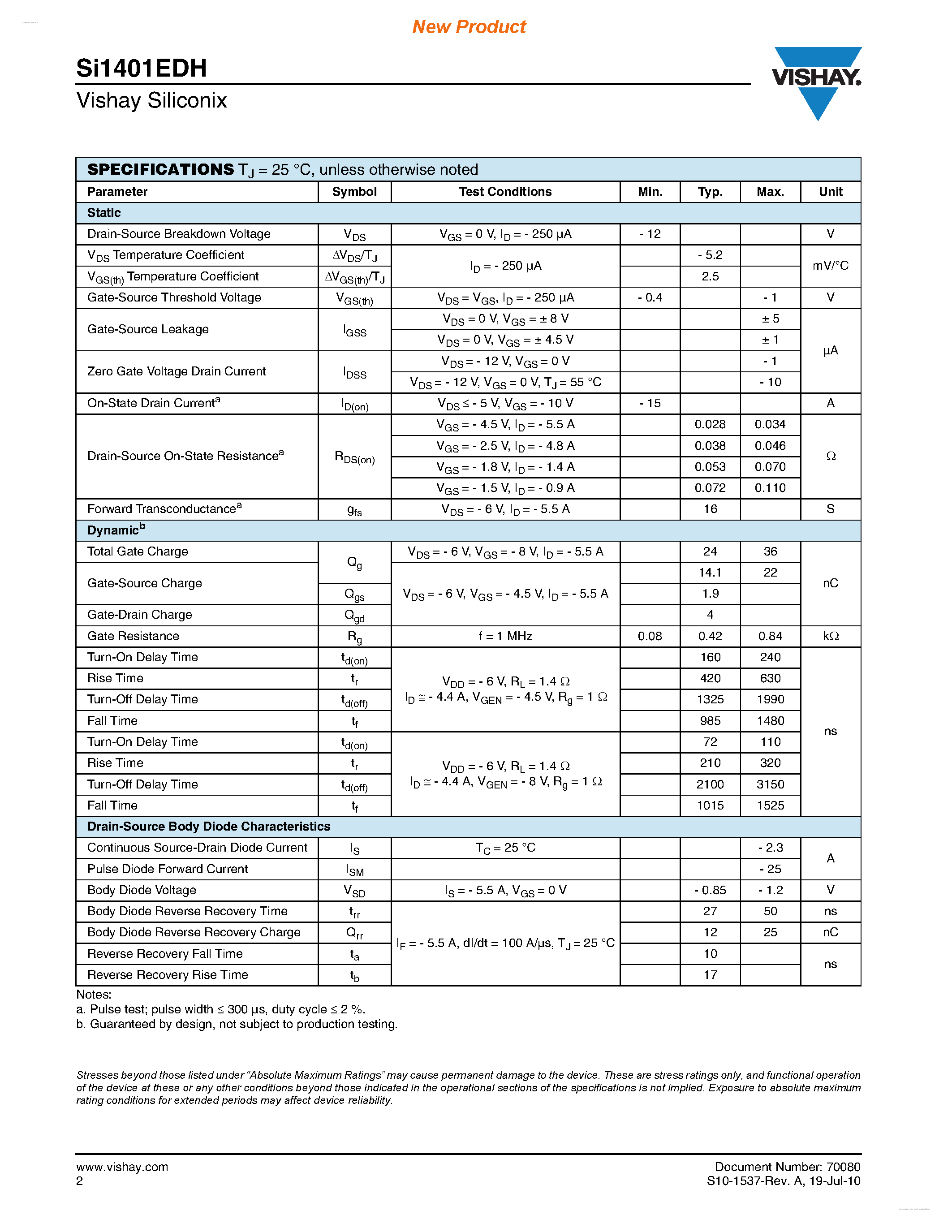 Datasheet SI1401EDH - P-Channel 12 V (D-S) MOSFET page 2