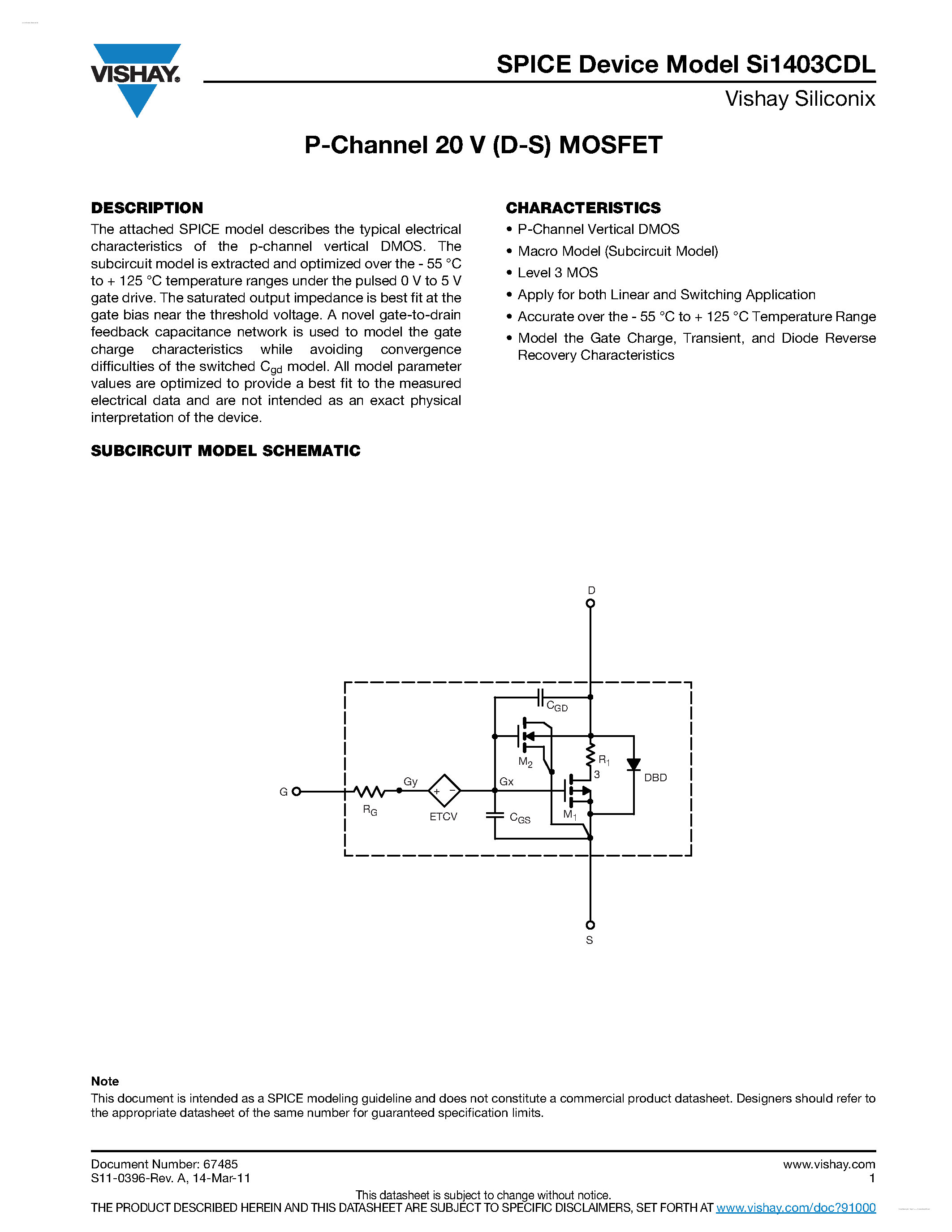Datasheet SI1403CDL - P-Channel 20 V (D-S) MOSFET page 1