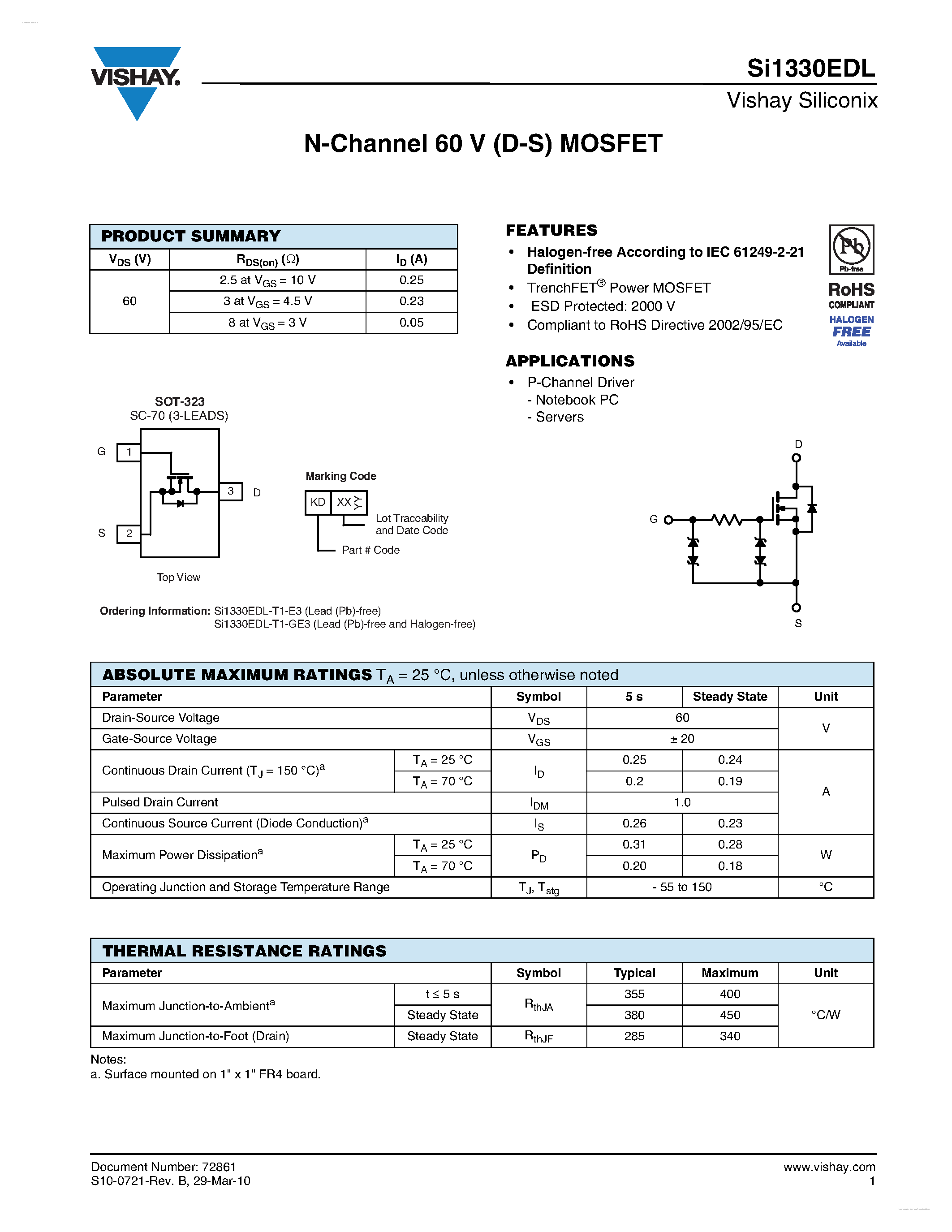 Datasheet SI1330EDL - N-Channel 60 V (D-S) MOSFET page 1