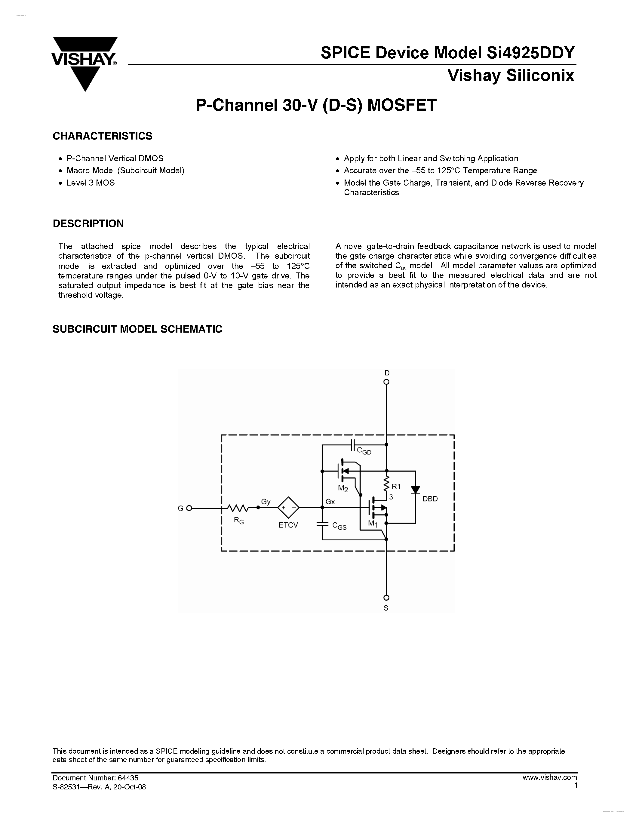 Даташит SI4925DDY - P-Channel 30-V (D-S) MOSFET страница 1