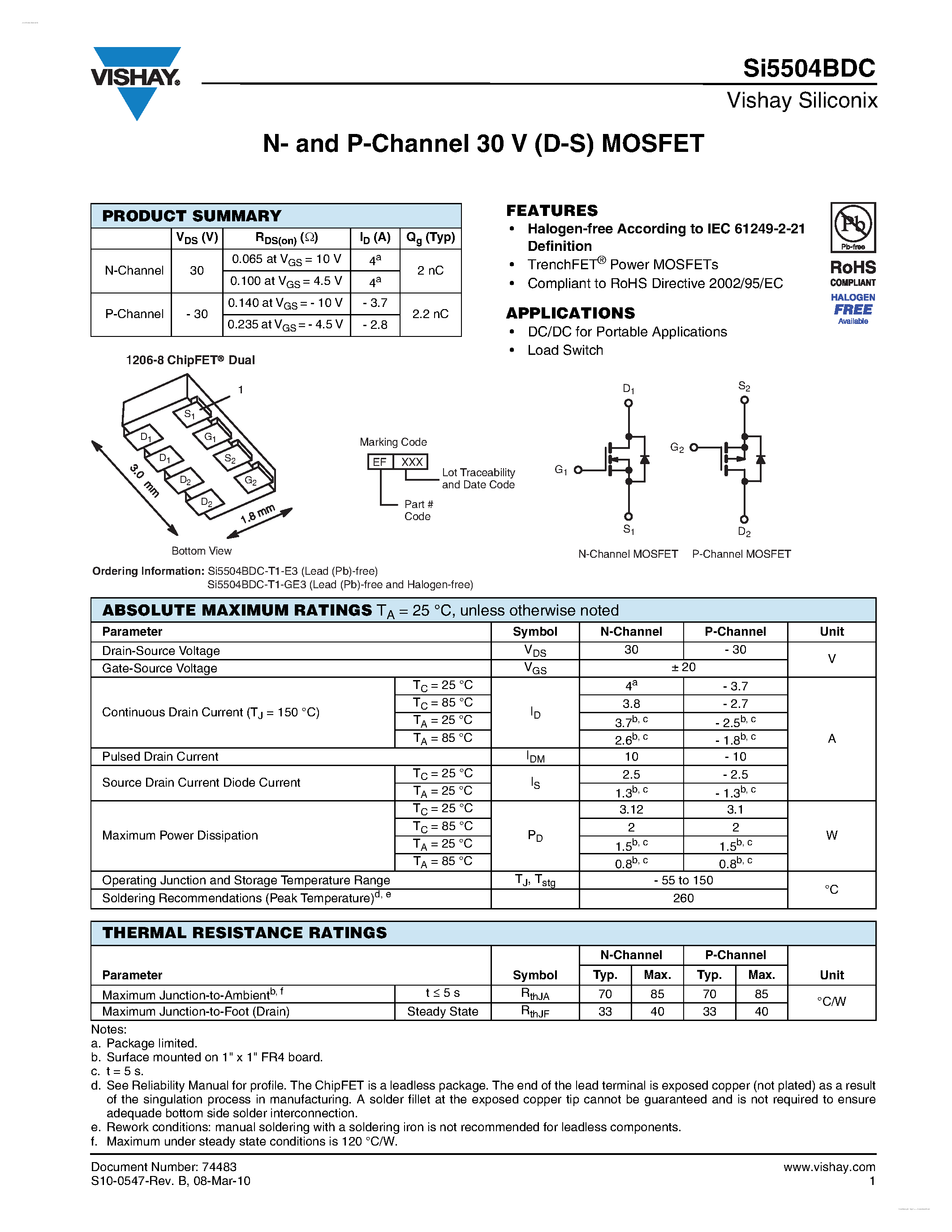 Даташит SI5504BDC - N- and P-Channel 30 V (D-S) MOSFET страница 1