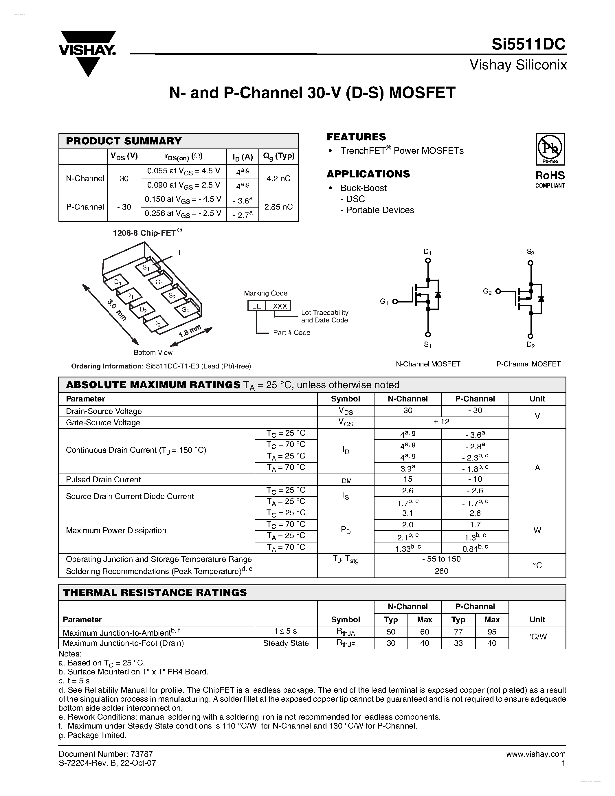 Даташит SI5511DC - N- and P-Channel 30-V (D-S) MOSFET страница 1