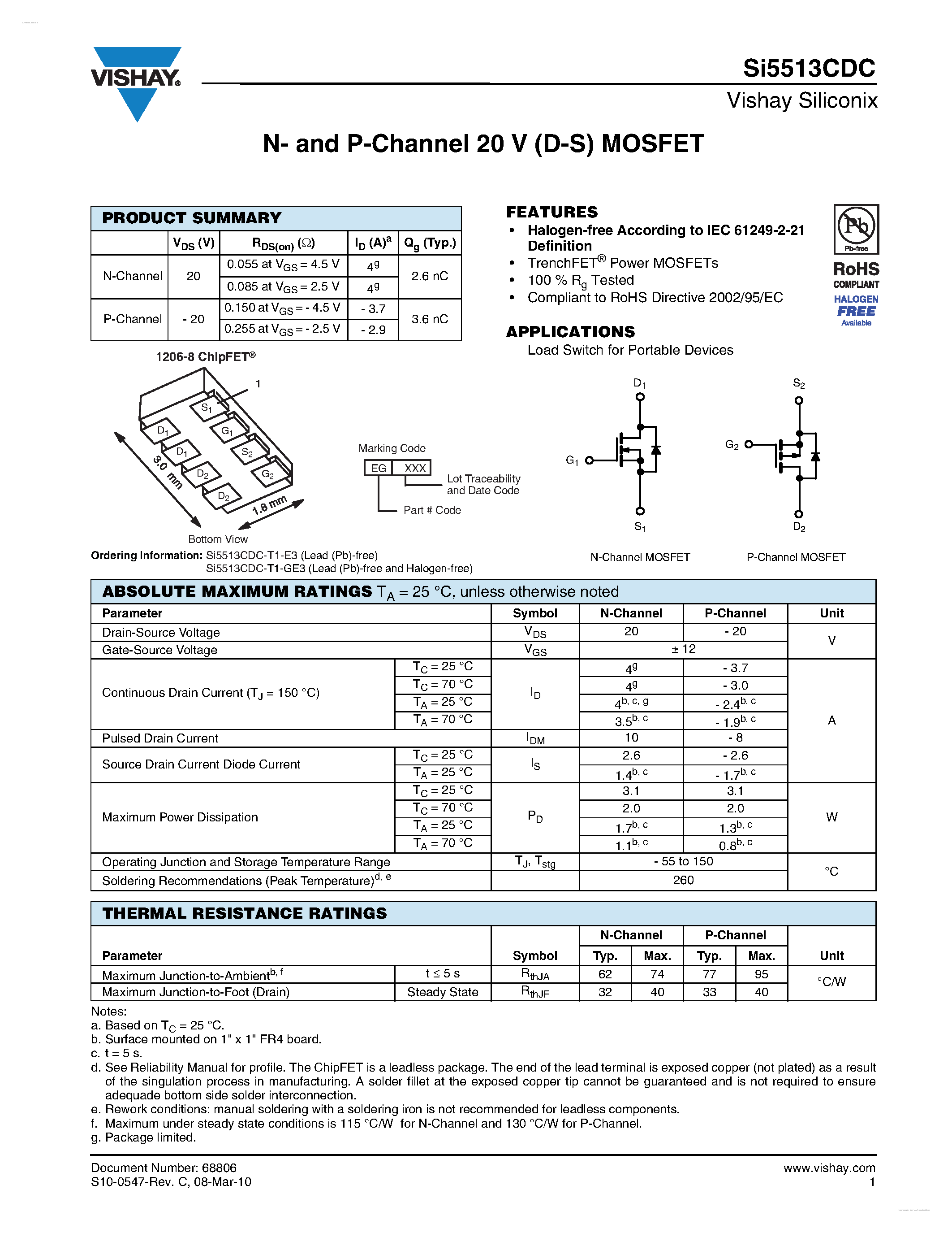 Даташит SI5513CDC - N- and P-Channel 20 V (D-S) MOSFET страница 1