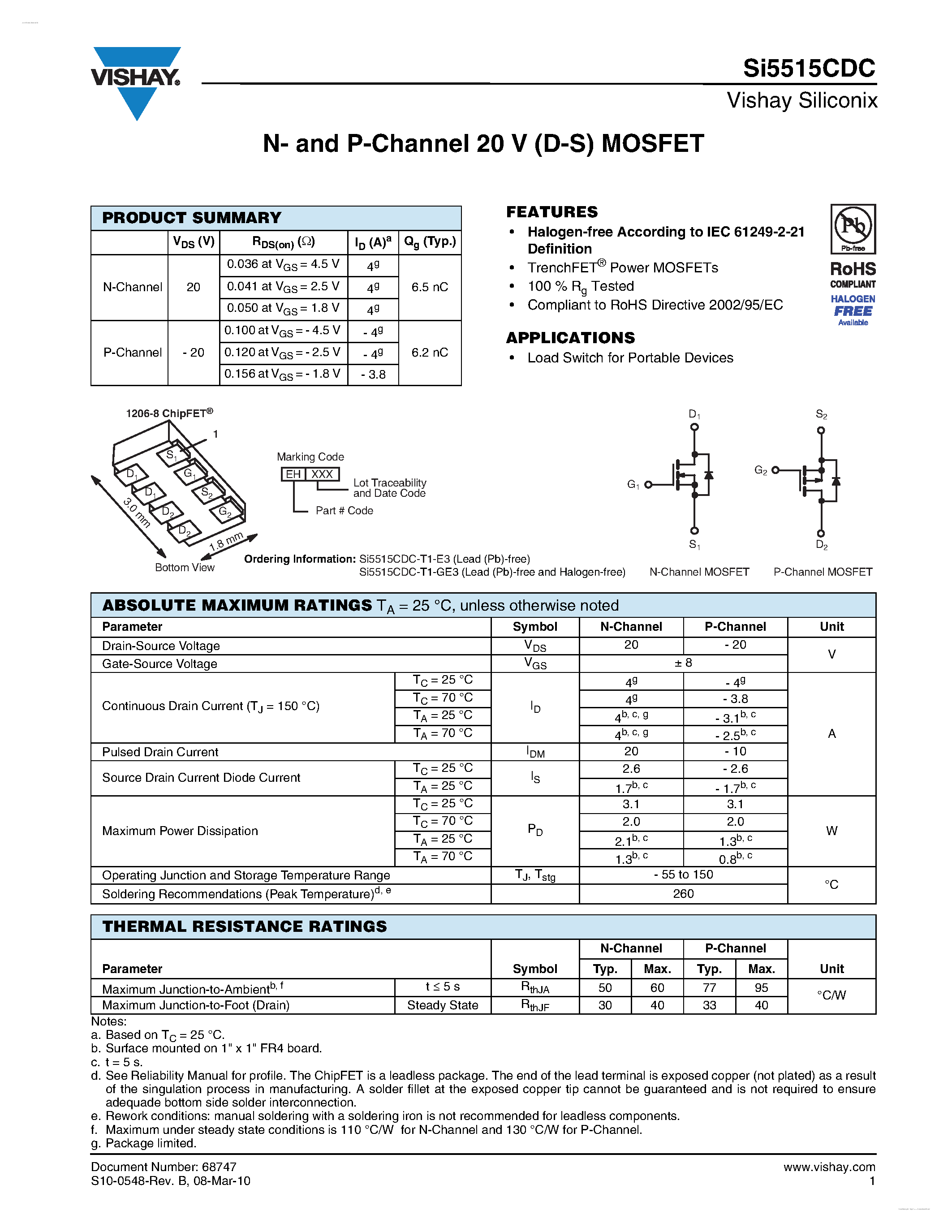 Даташит SI5515CDC - N- and P-Channel 20 V (D-S) MOSFET страница 1