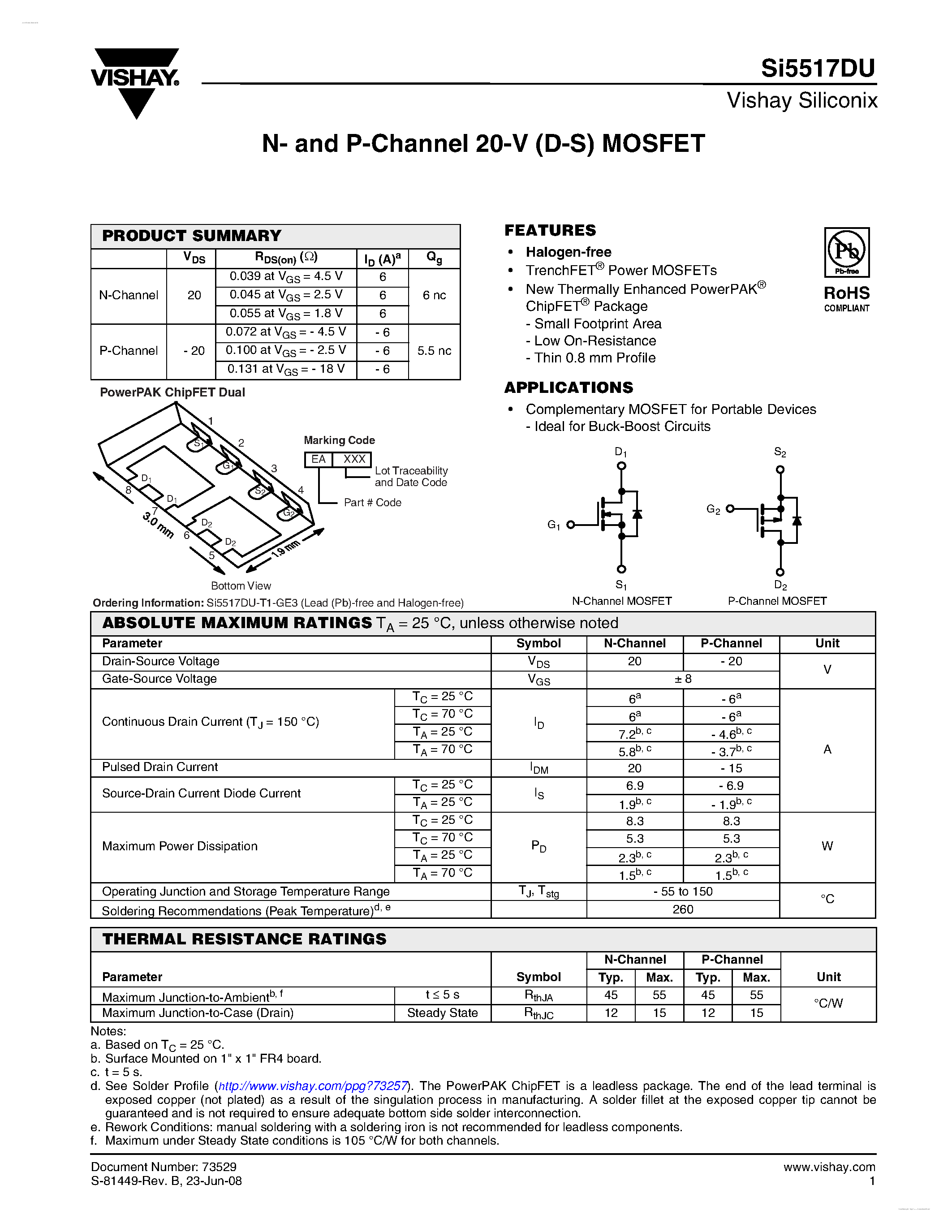 Даташит SI5517DU - N- and P-Channel 20-V (D-S) MOSFET страница 1