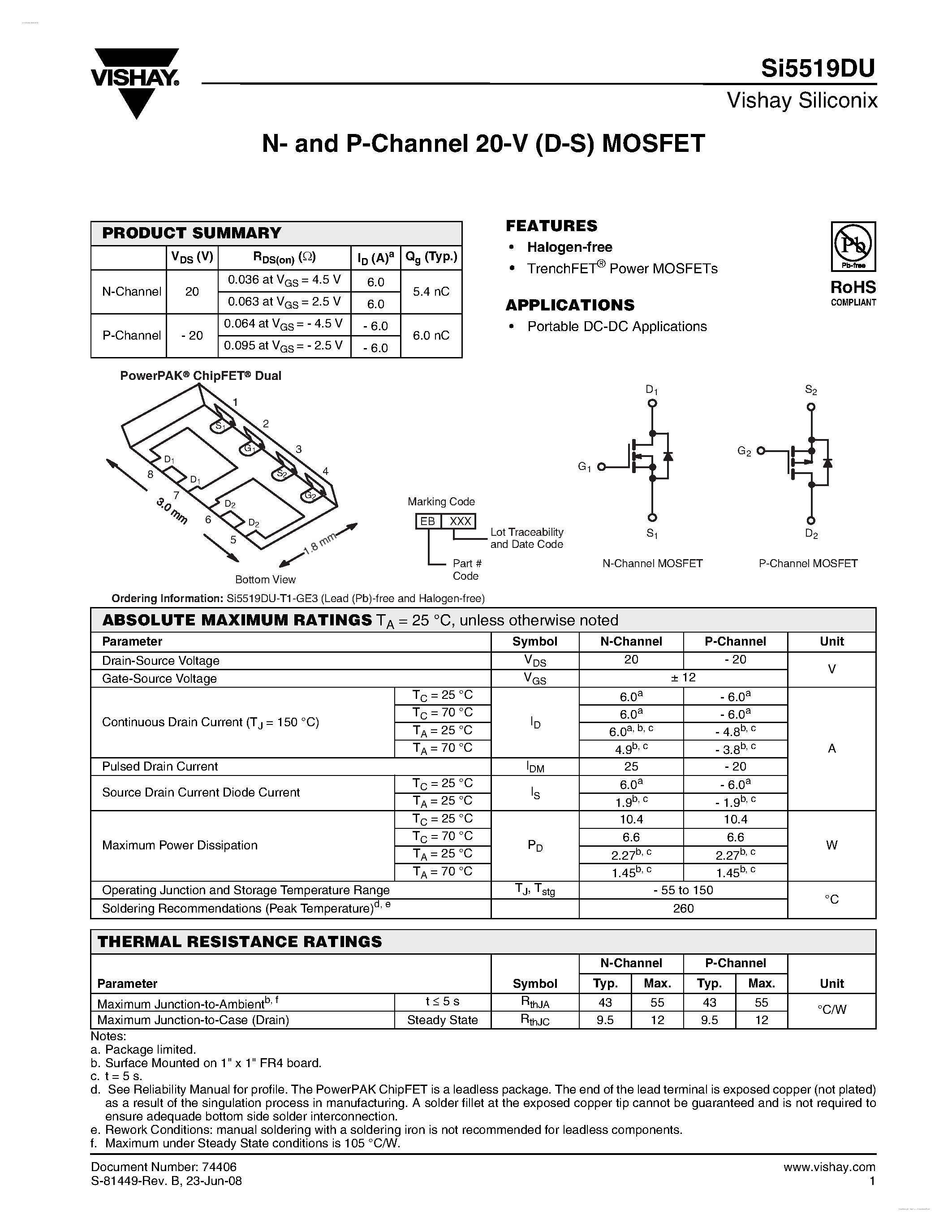 Даташит SI5519DU - N- and P-Channel 20-V (D-S) MOSFET страница 1