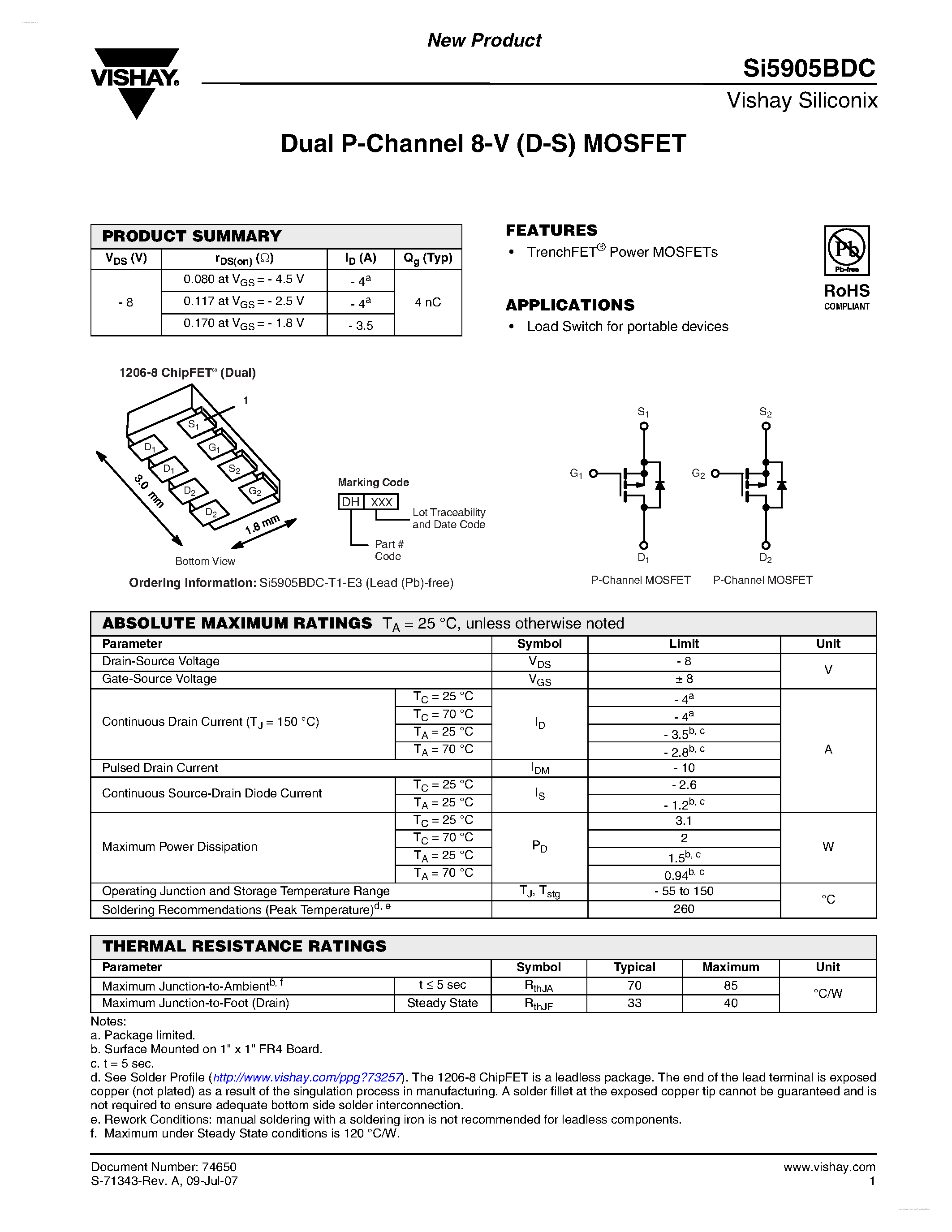 Даташит SI5905BDC - Dual P-Channel 8-V (D-S) MOSFET страница 1