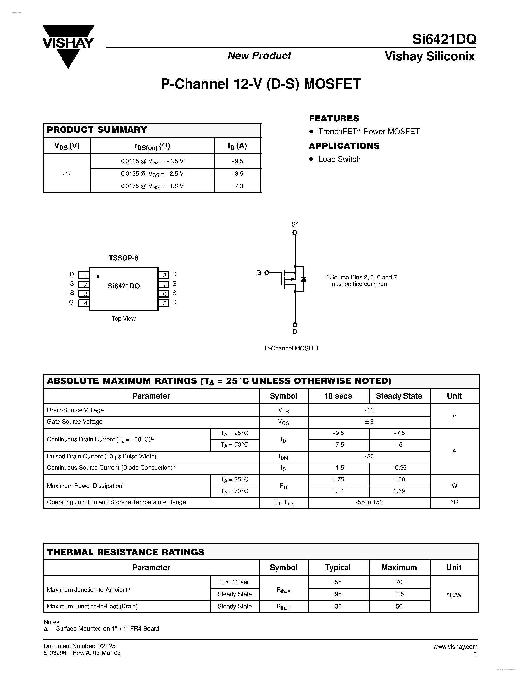 Даташит SI6421DQ - P-Channel 12-V (D-S) MOSFET страница 1