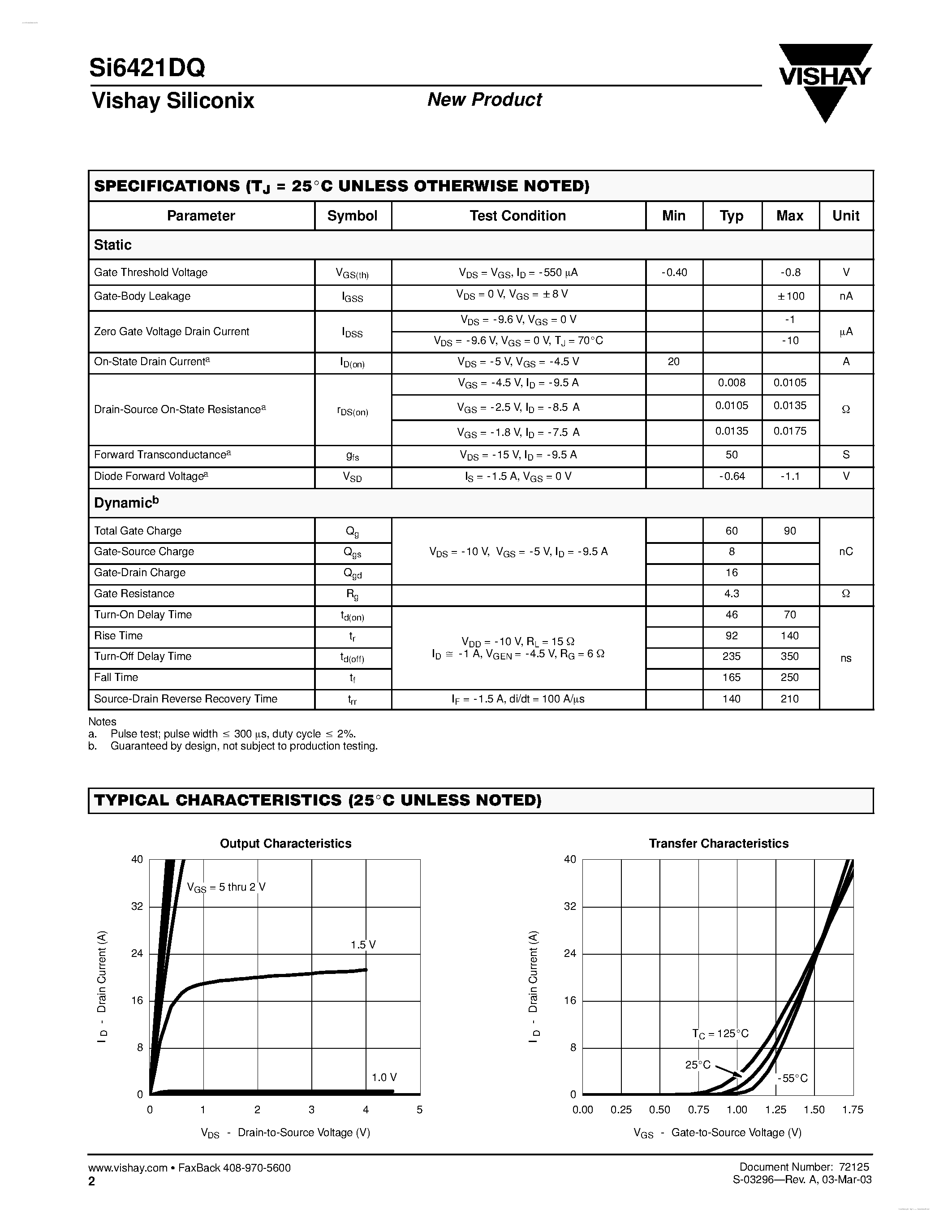 Даташит SI6421DQ - P-Channel 12-V (D-S) MOSFET страница 2