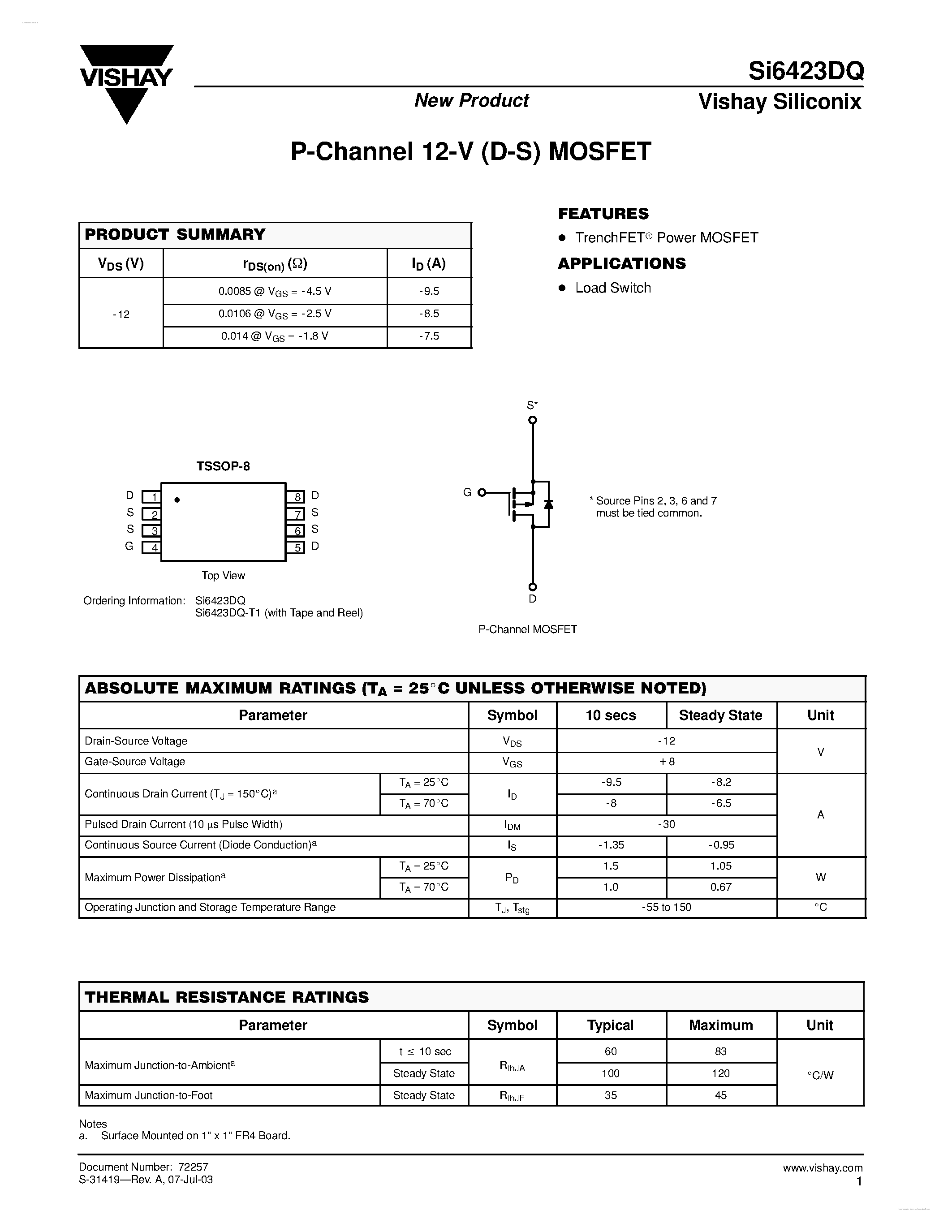 Даташит SI6423DQ - P-Channel 12-V (D-S) MOSFET страница 1