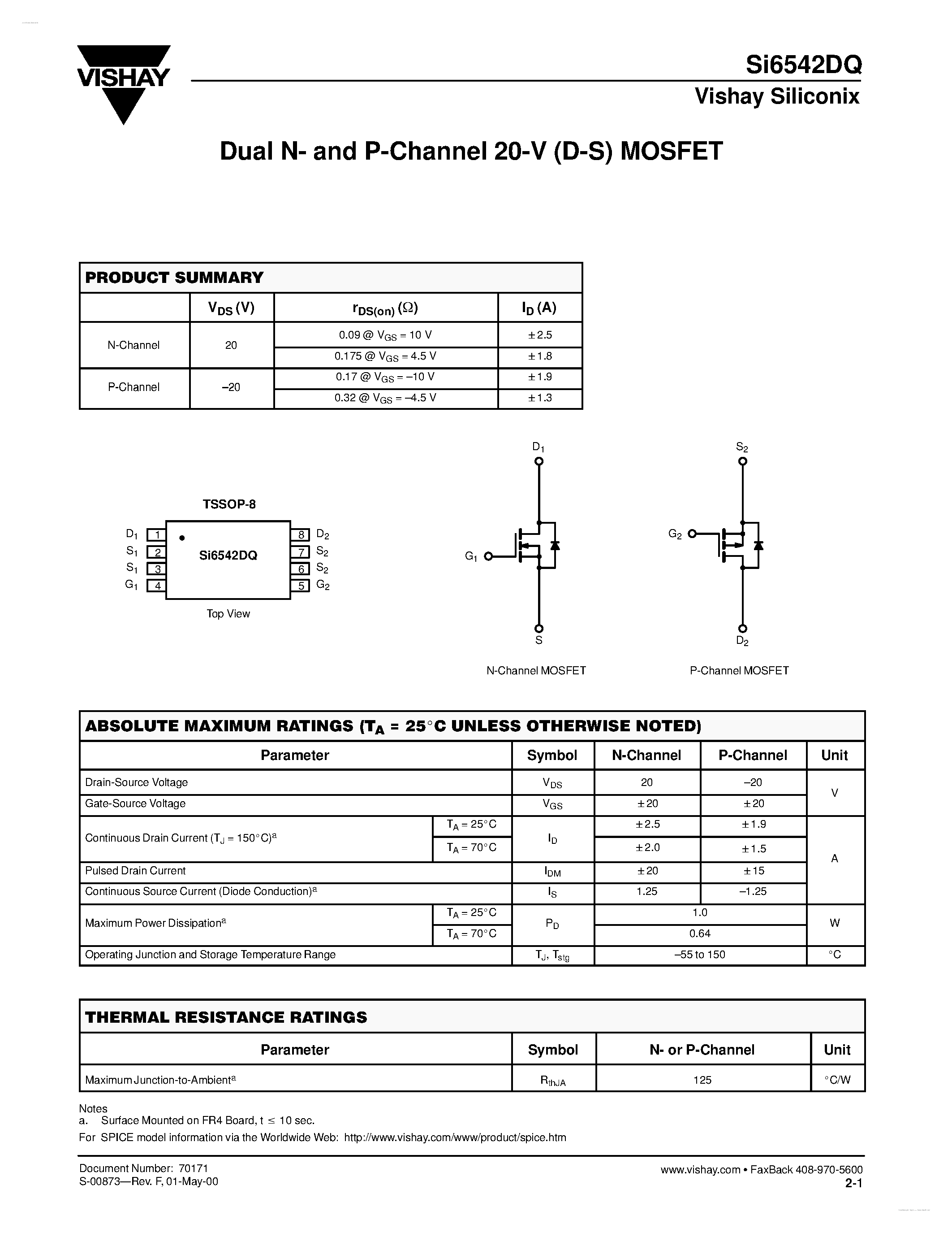 Даташит SI6542DQ - Dual N- and P-Channel 20-V (D-S) MOSFET страница 1