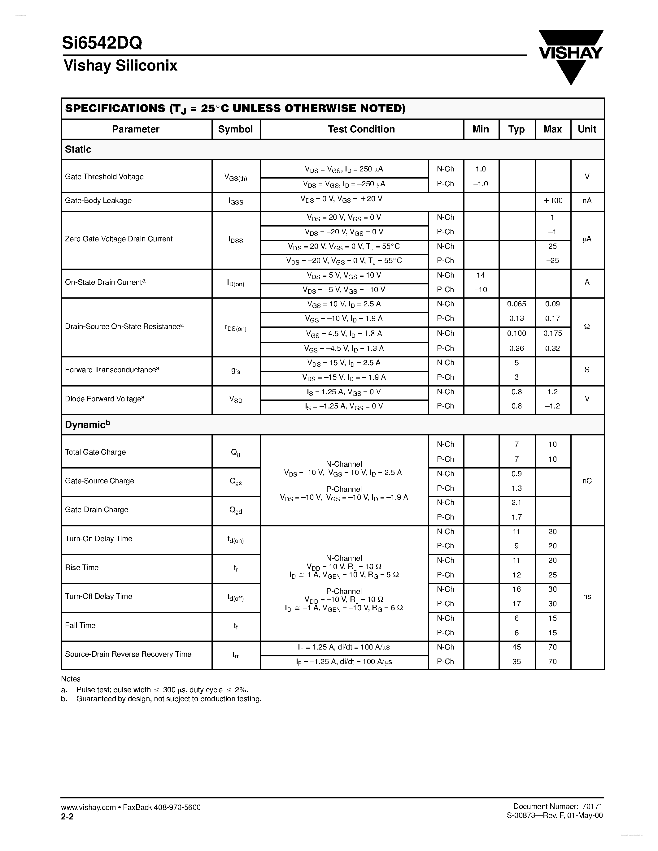 Даташит SI6542DQ - Dual N- and P-Channel 20-V (D-S) MOSFET страница 2