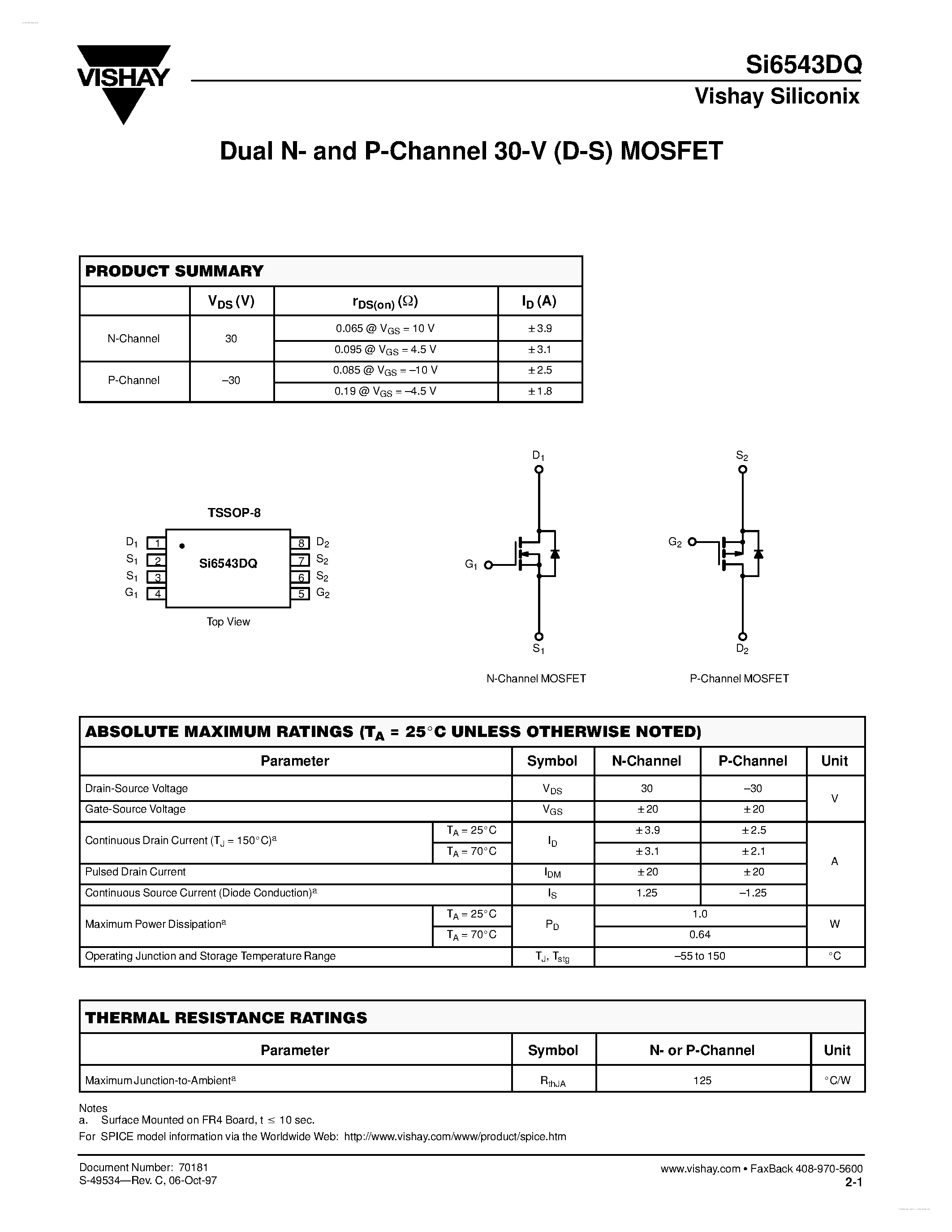 Даташит SI6543DQ - Dual N- and P-Channel 30-V (D-S) MOSFET страница 1