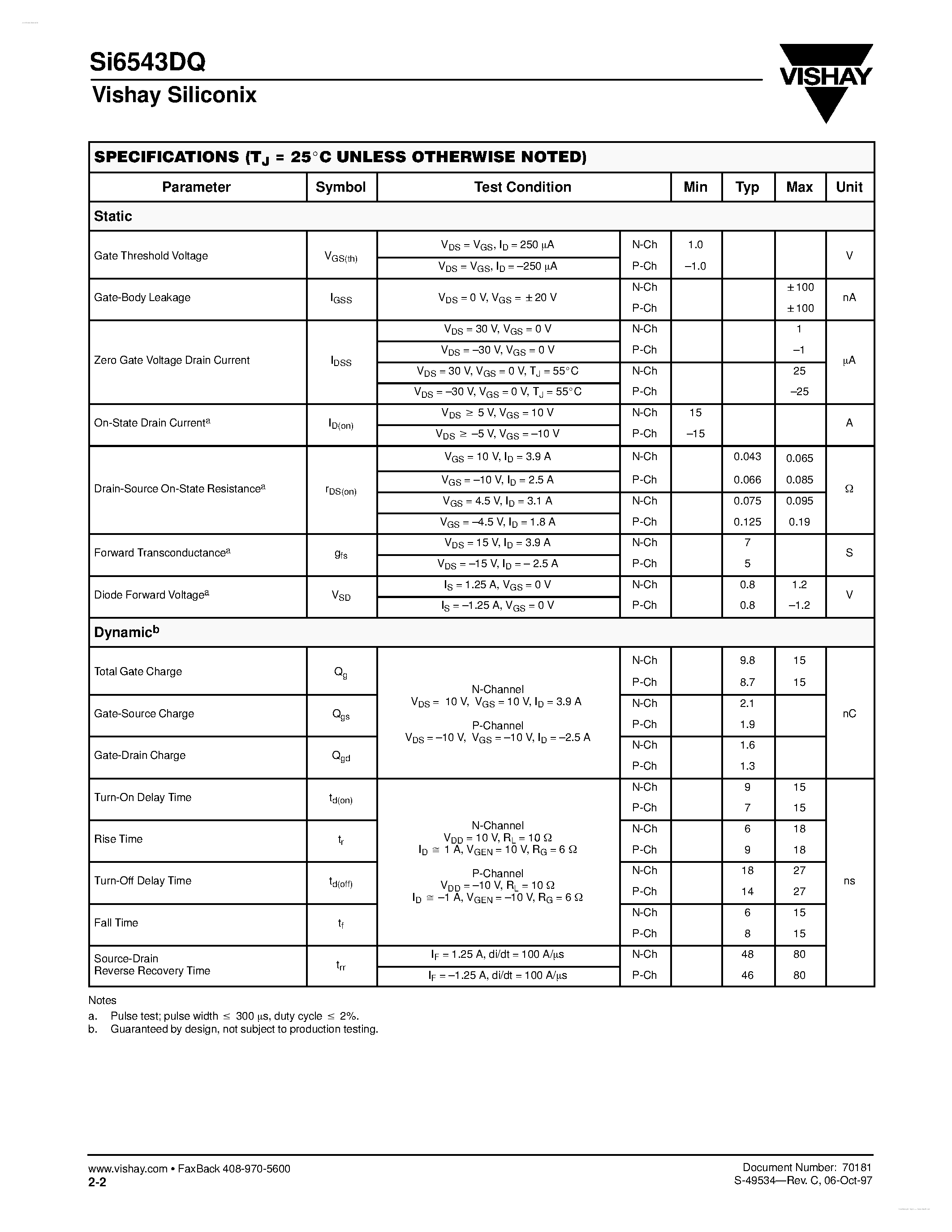 Даташит SI6543DQ - Dual N- and P-Channel 30-V (D-S) MOSFET страница 2