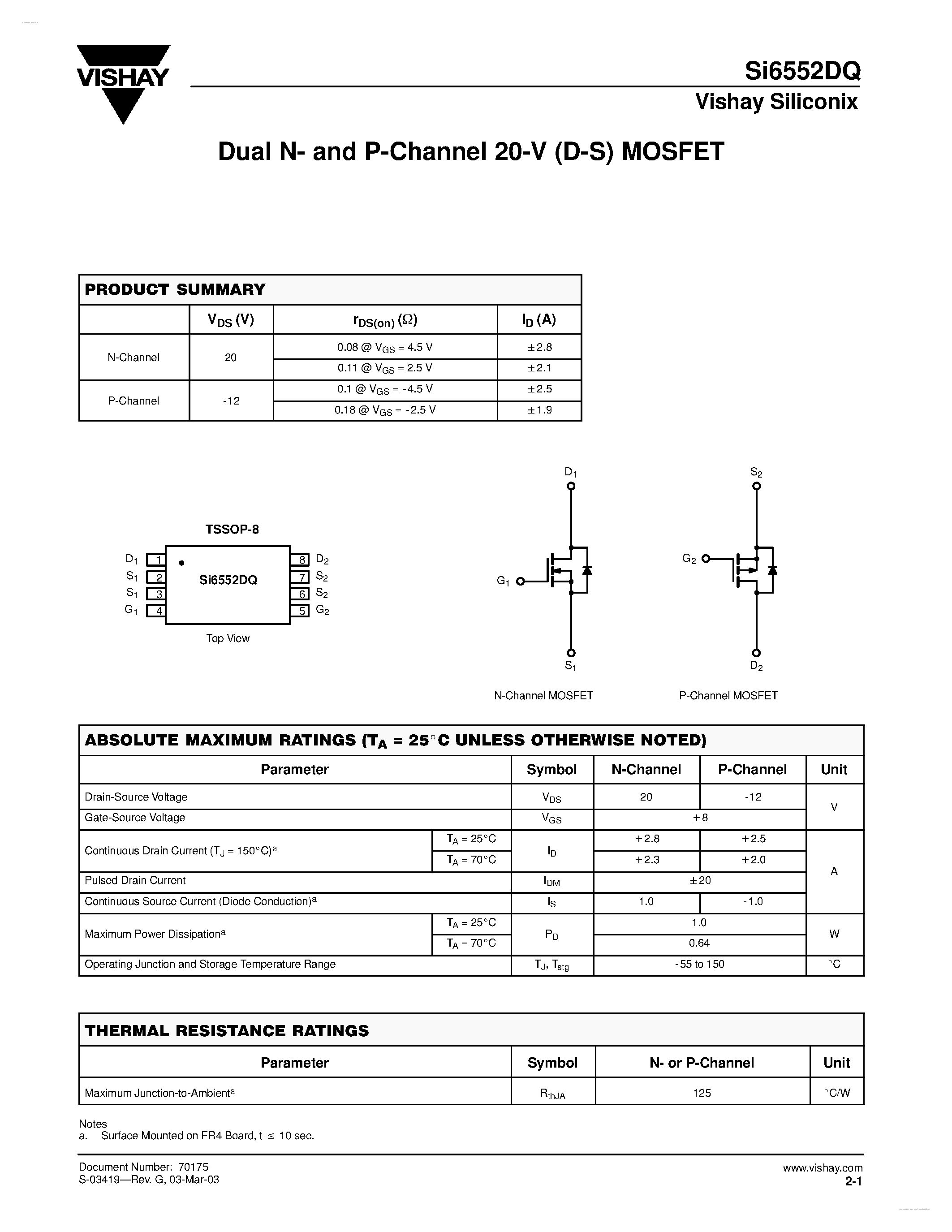 Даташит SI6552DQ - Dual N- and P-Channel 20-V (D-S) MOSFET страница 1