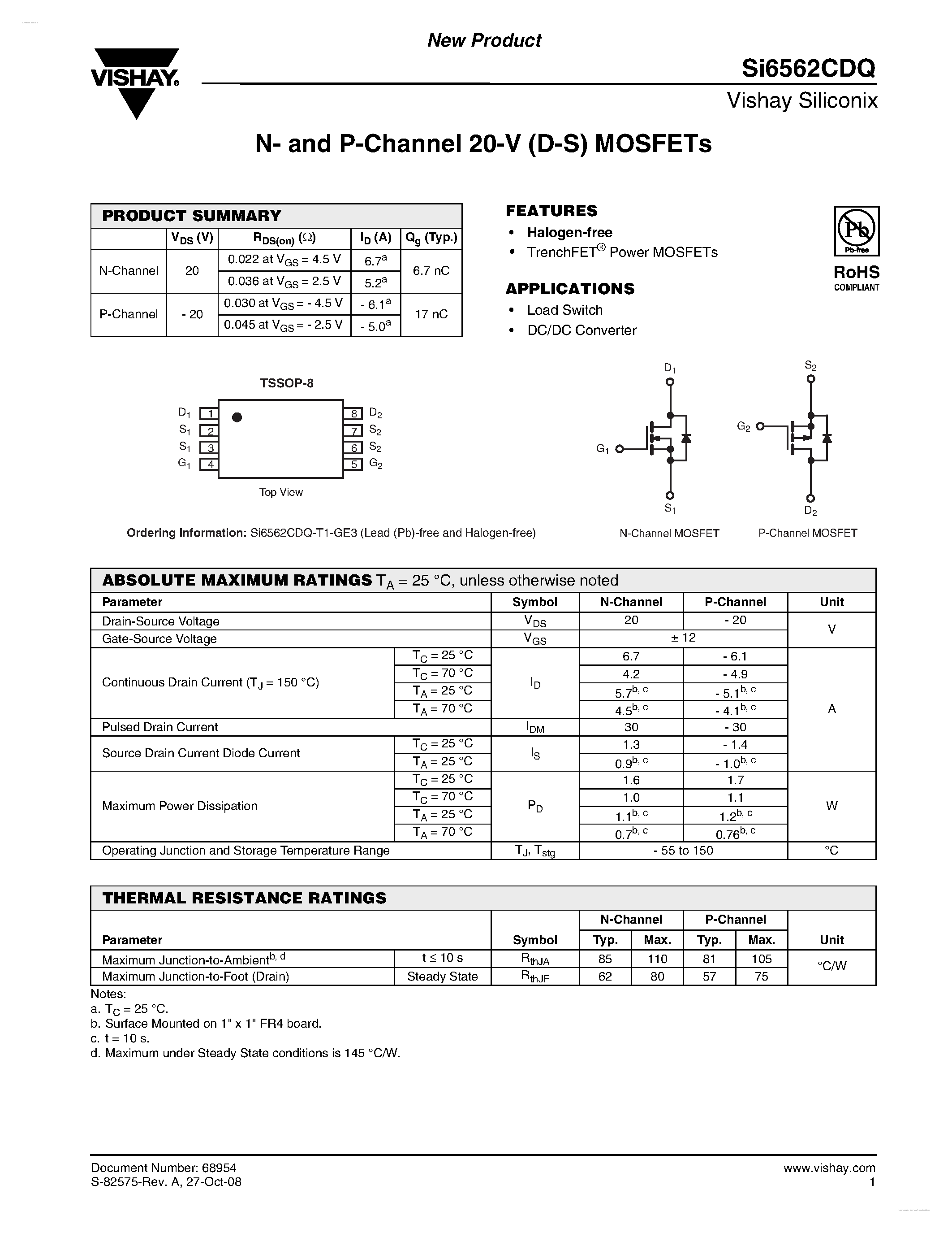 Даташит SI6562CDQ - N- and P-Channel 20-V (D-S) MOSFETs страница 1