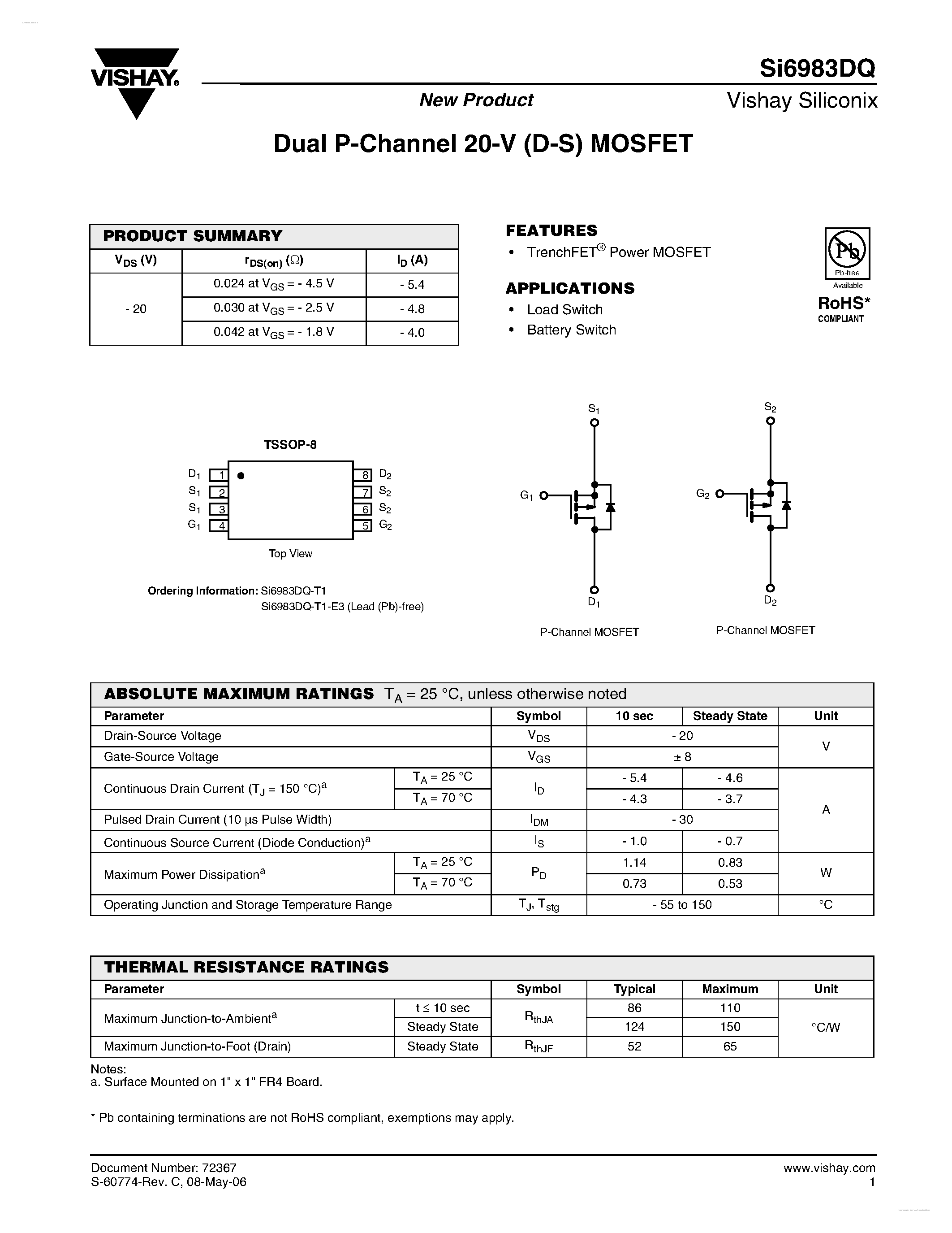 Даташит SI6983DQ - Dual P-Channel 20-V (D-S) MOSFET страница 1