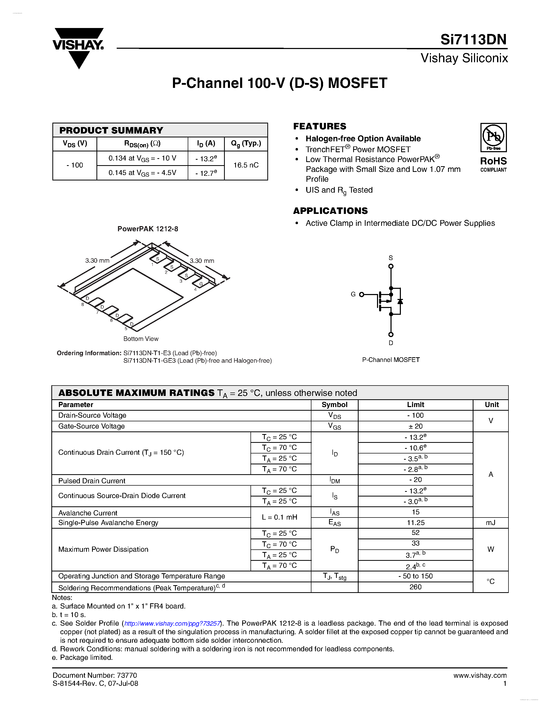 Даташит SI7113DN - P-Channel 100-V (D-S) MOSFET страница 1