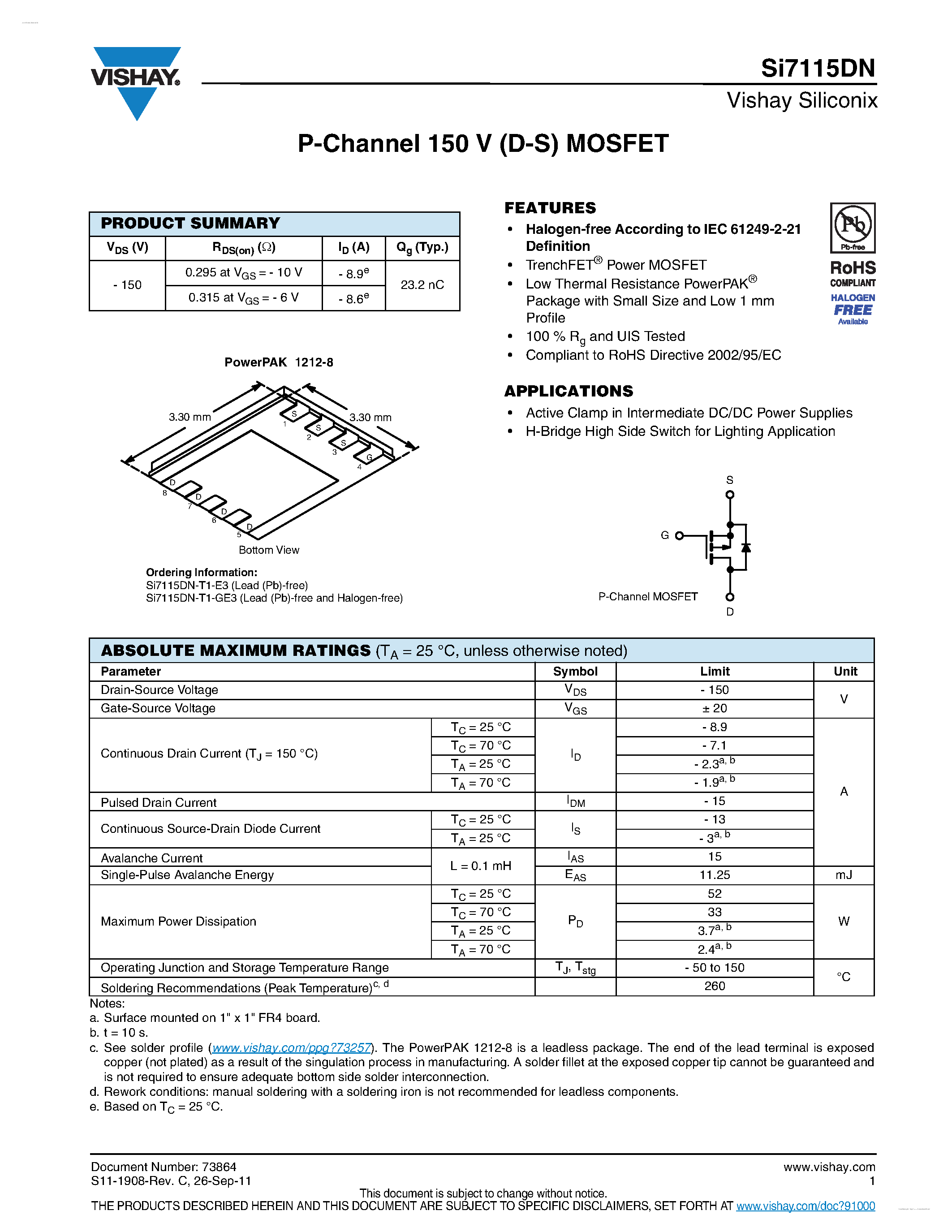 Даташит SI7115DN - P-Channel 150-V (D-S) MOSFET страница 1