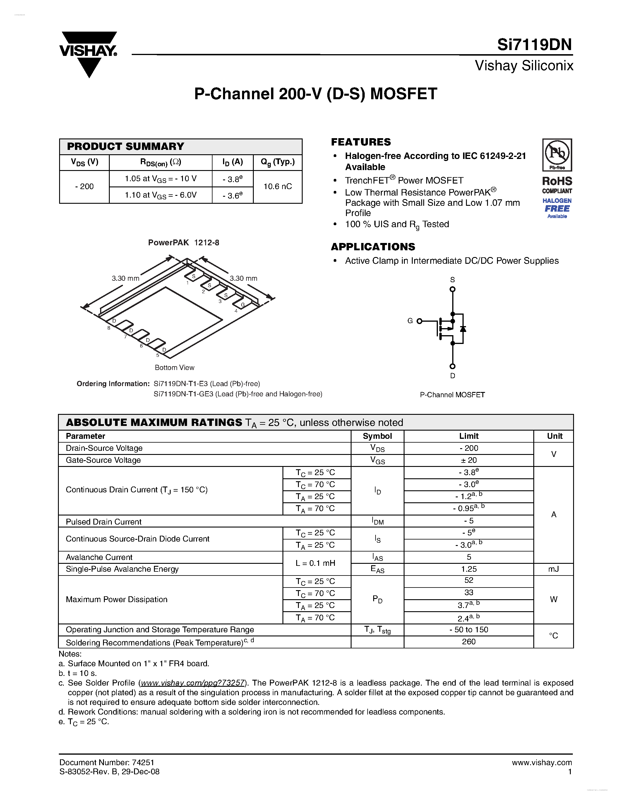 Даташит SI7119DN - P-Channel 200-V (D-S) MOSFET страница 1