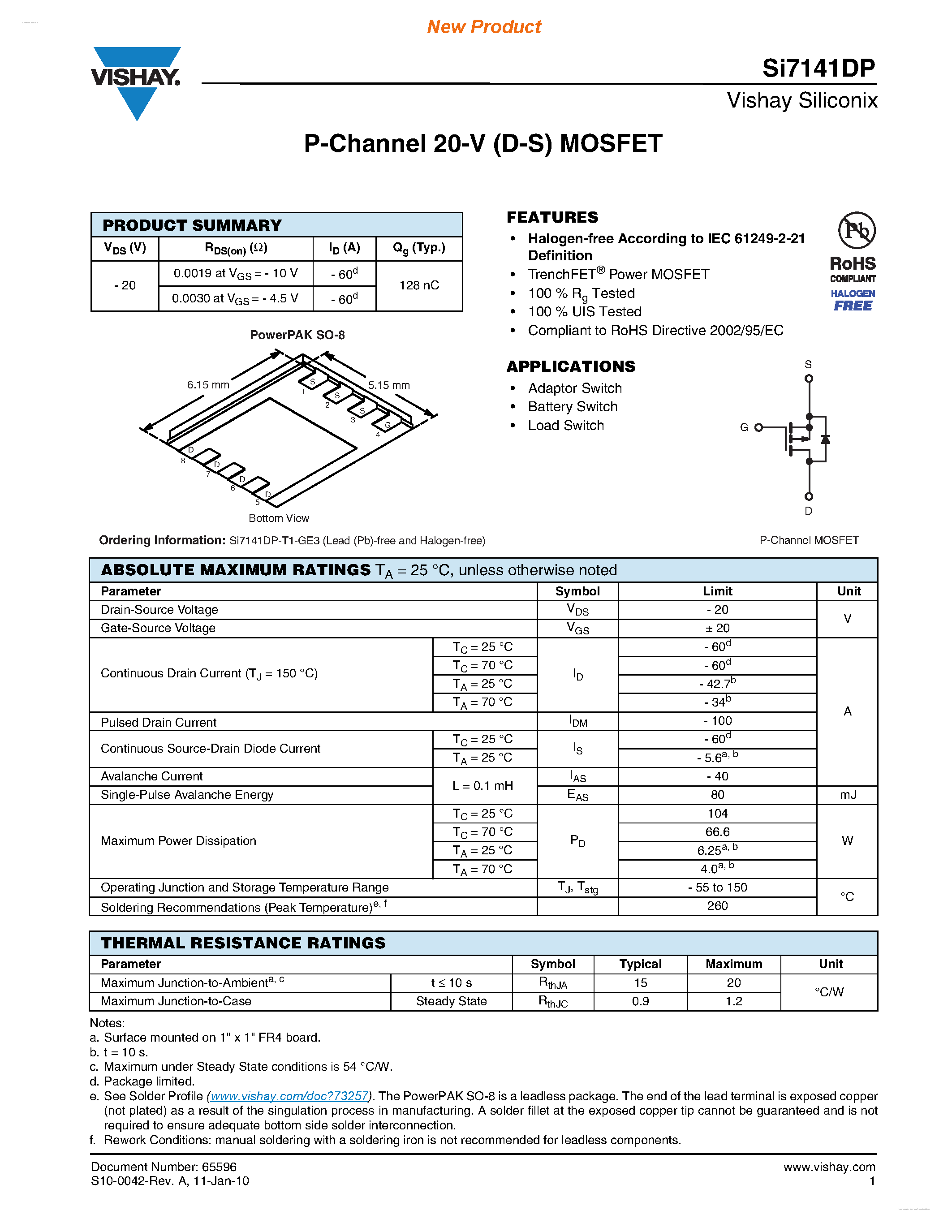 Даташит SI7141DP - P-Channel 20-V (D-S) MOSFET страница 1