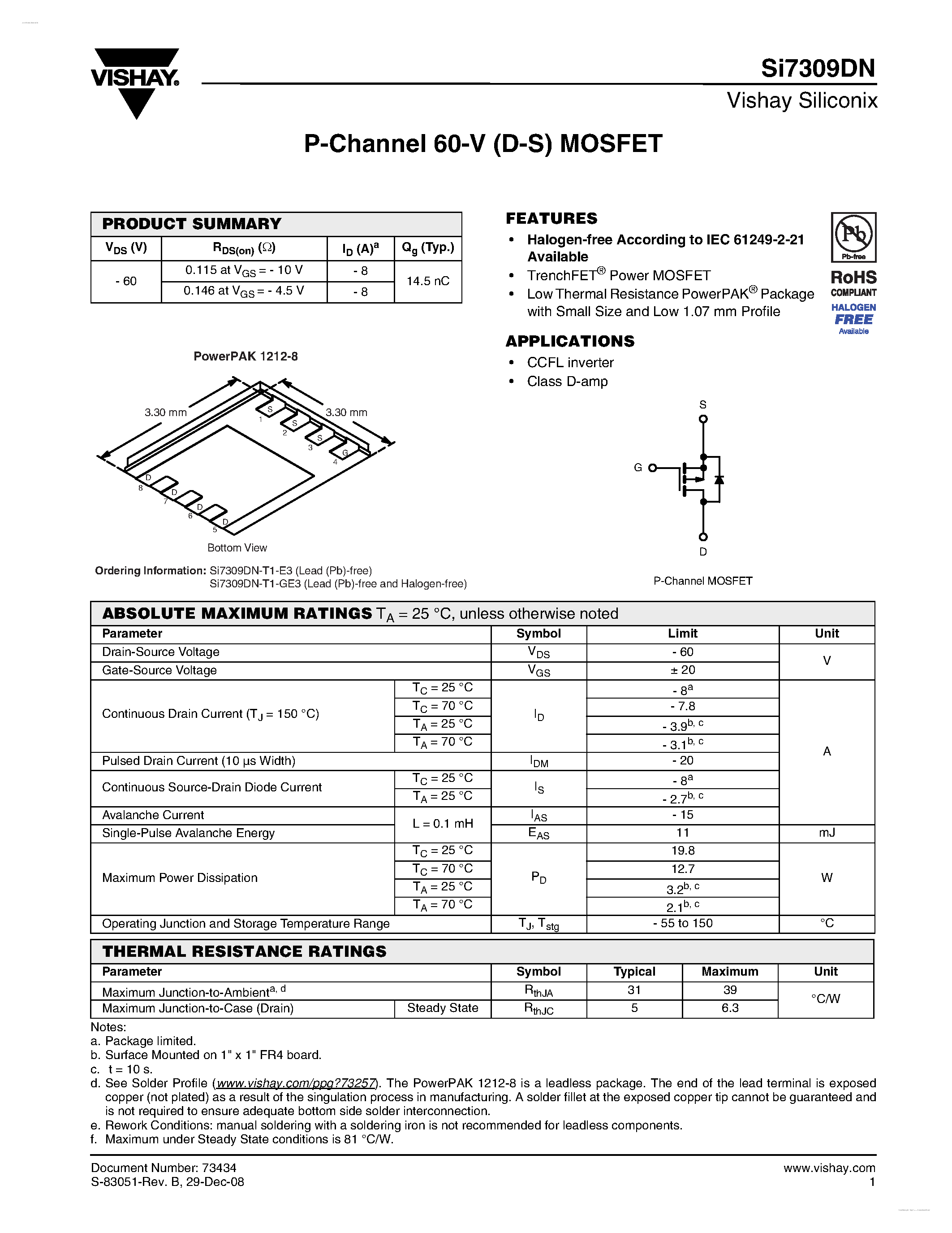 Даташит SI7309DN - P-Channel 60-V (D-S) MOSFET страница 1