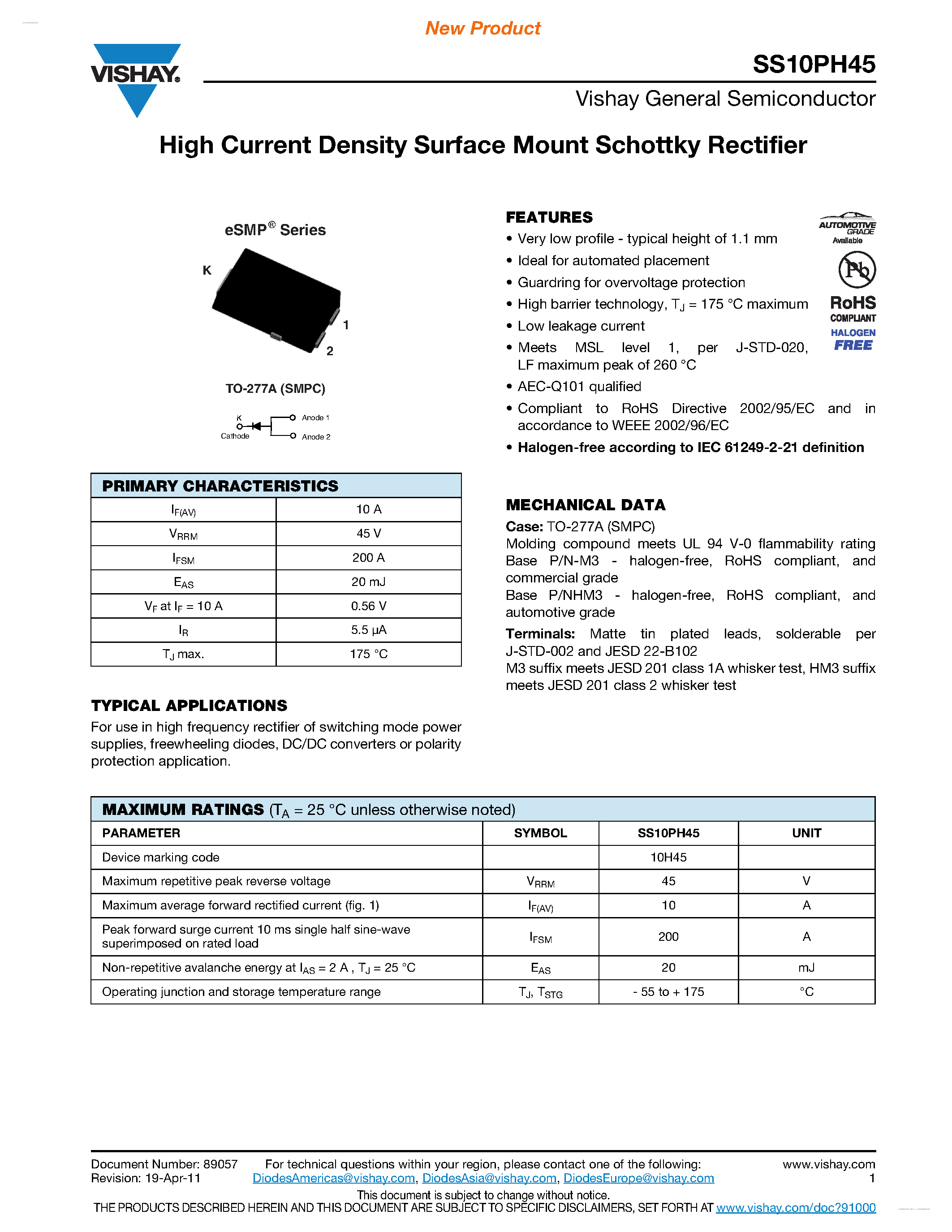 Datasheet SS10PH45 - High Current Density Surface Mount Schottky Rectifier page 1