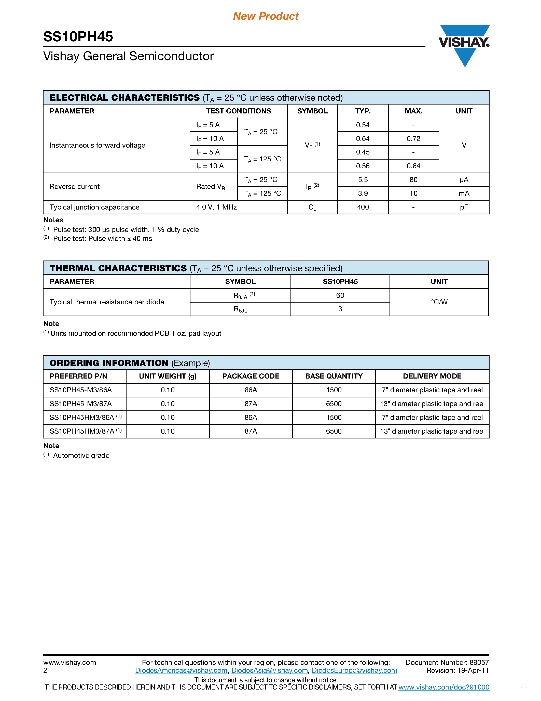 Datasheet SS10PH45 - High Current Density Surface Mount Schottky Rectifier page 2