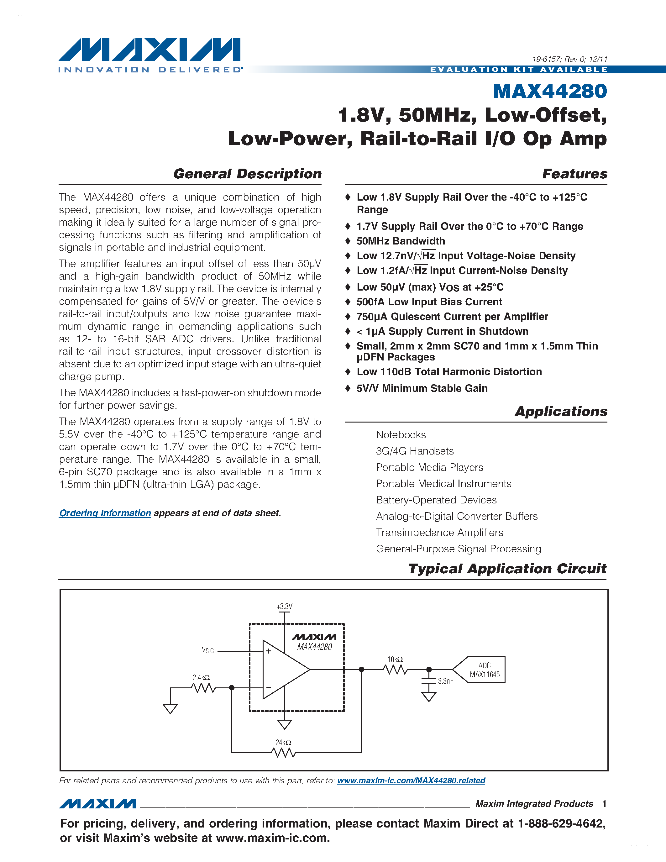 Datasheet MAX44280 - Rail-to-Rail I/O Op Amp page 1