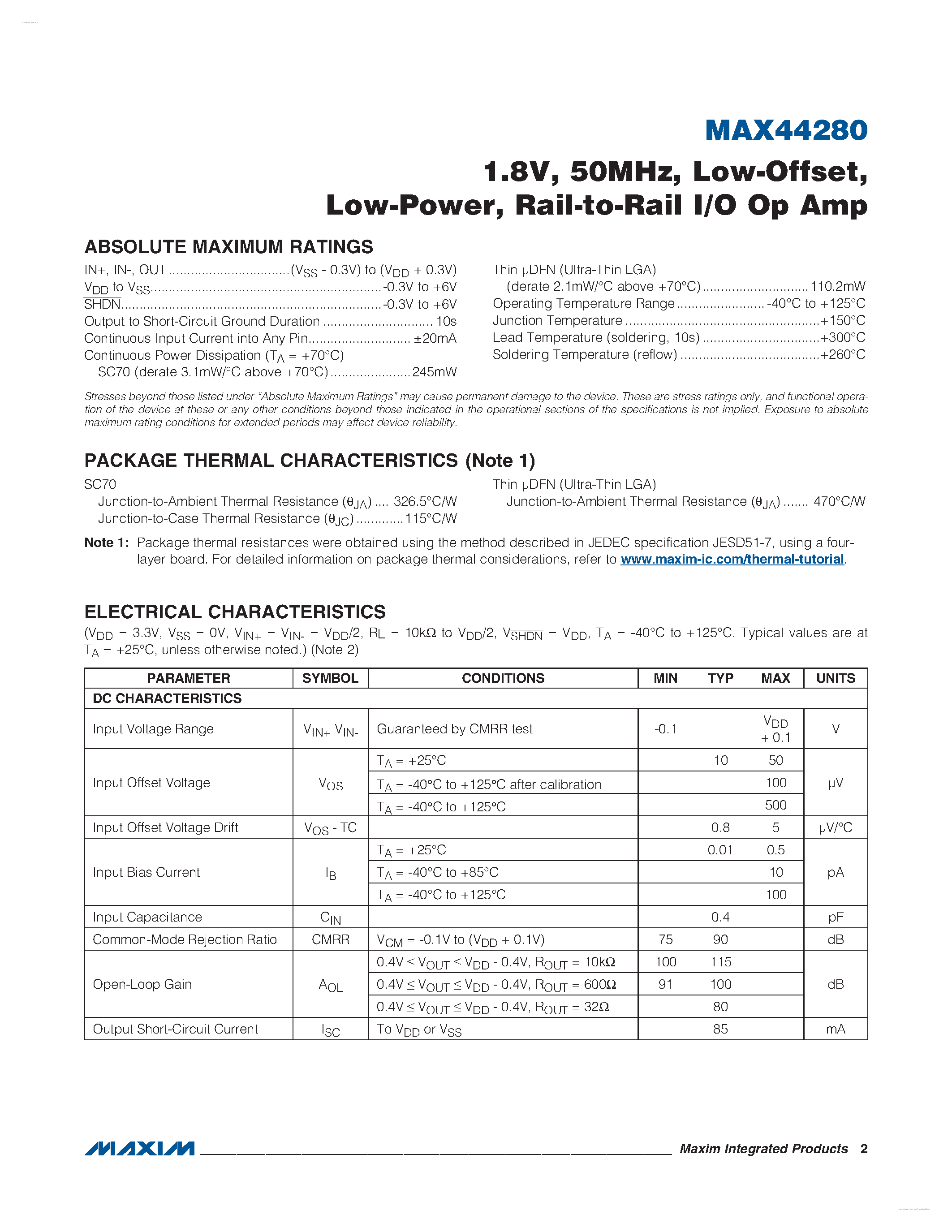 Datasheet MAX44280 - Rail-to-Rail I/O Op Amp page 2