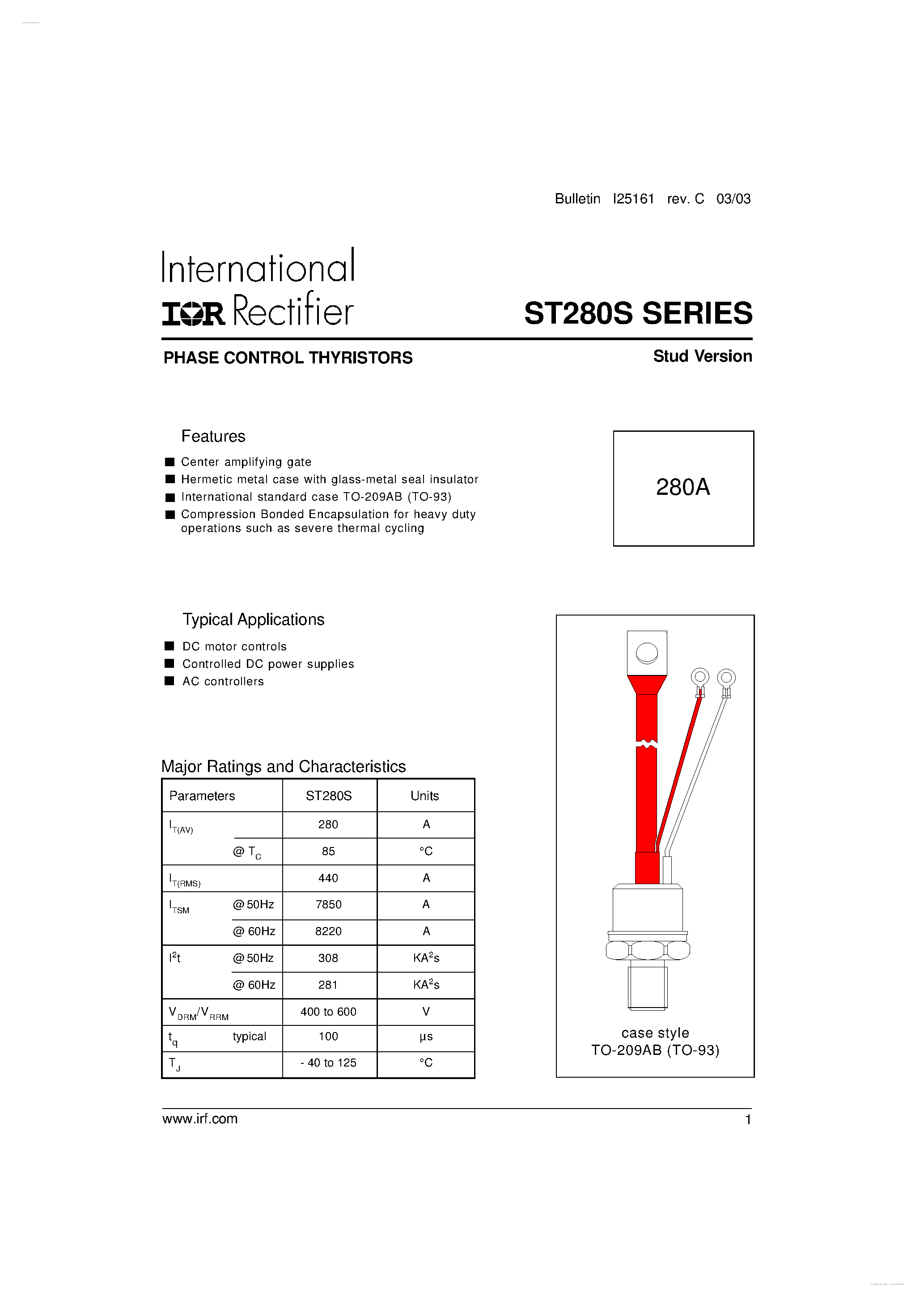 Даташит ST280S - PHASE CONTROL THYRISTORS страница 1