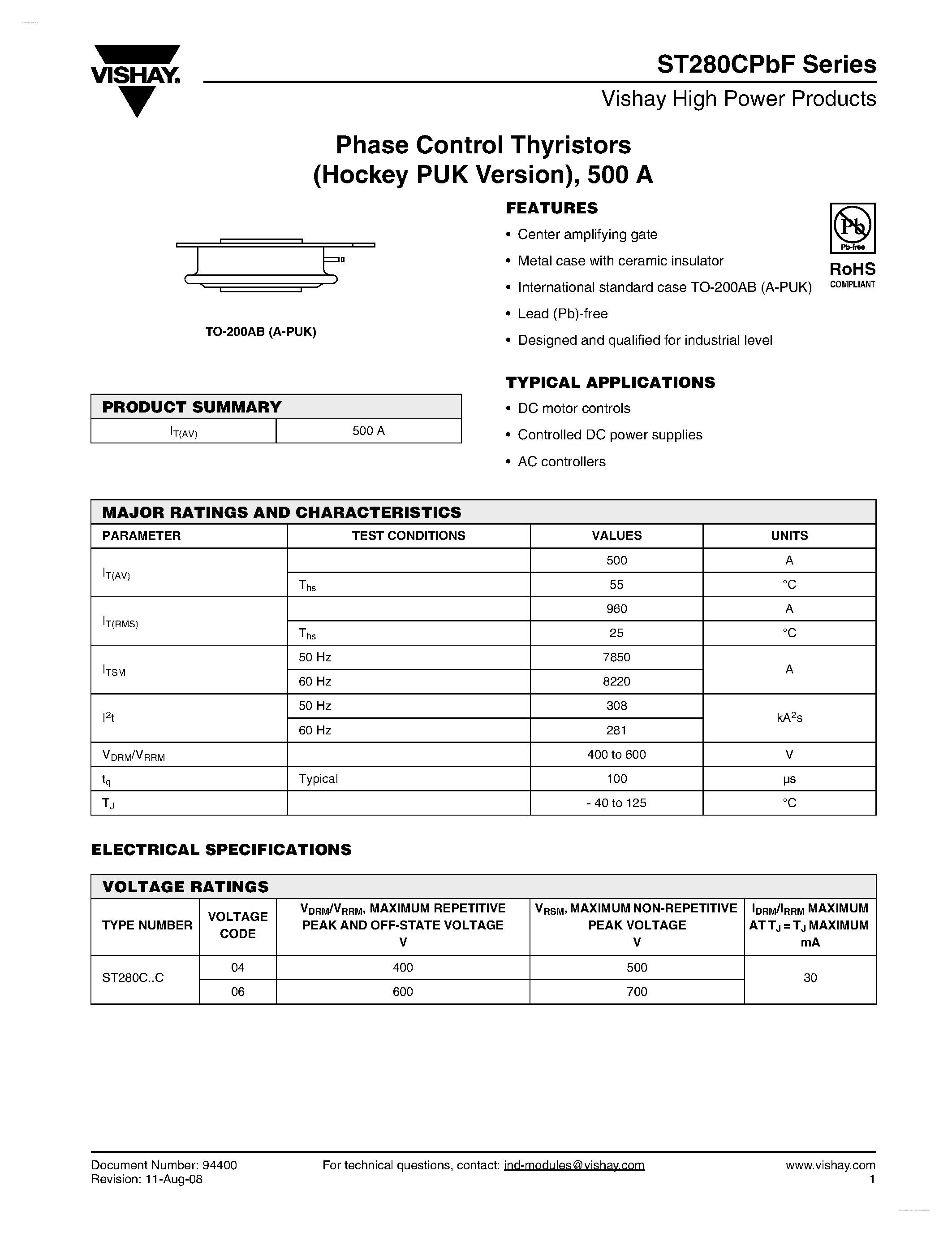 Даташит ST280C04C0LPBF - Phase Control Thyristors страница 1