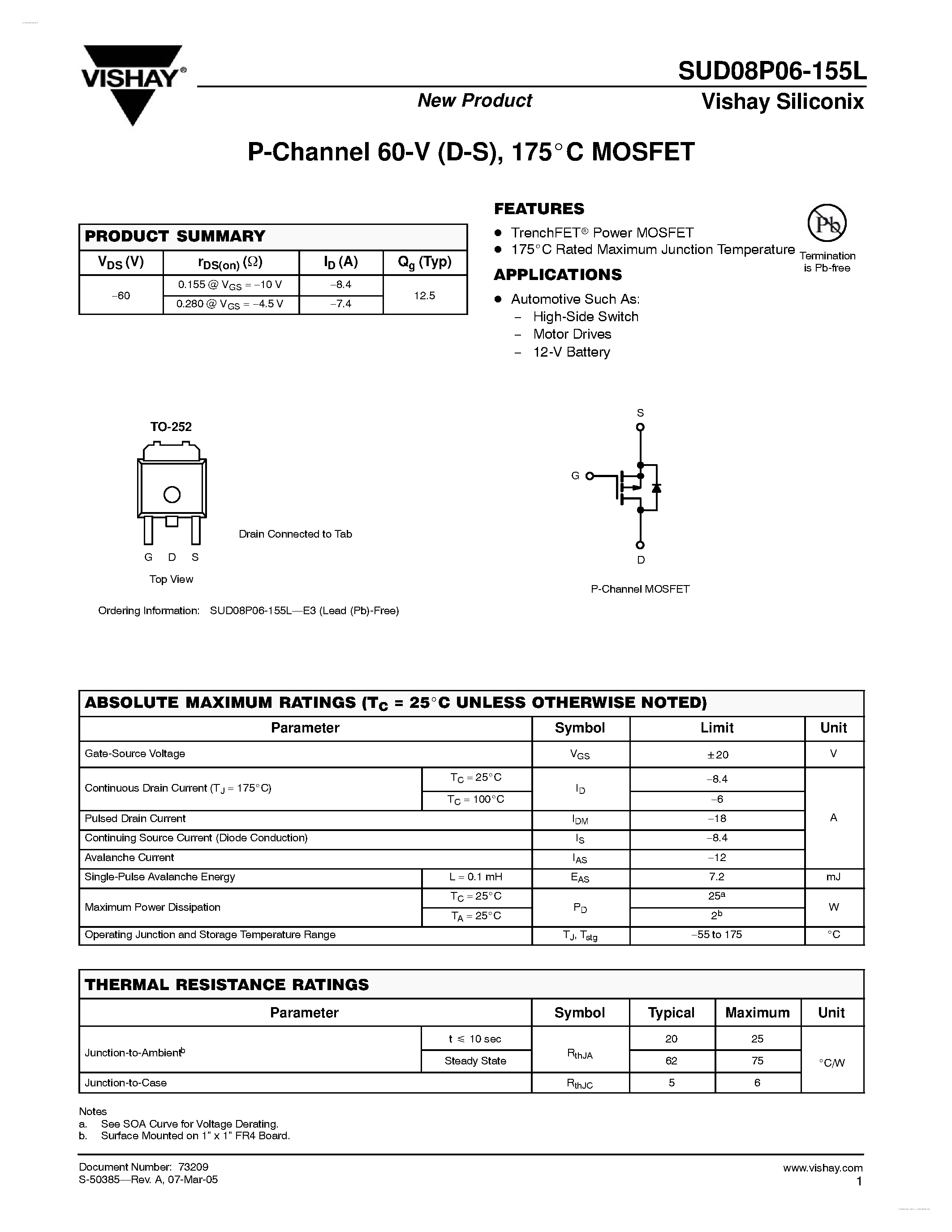 Даташит SUD08P06-155L - P-Channel 60-V (D-S) 175C MOSFET страница 1