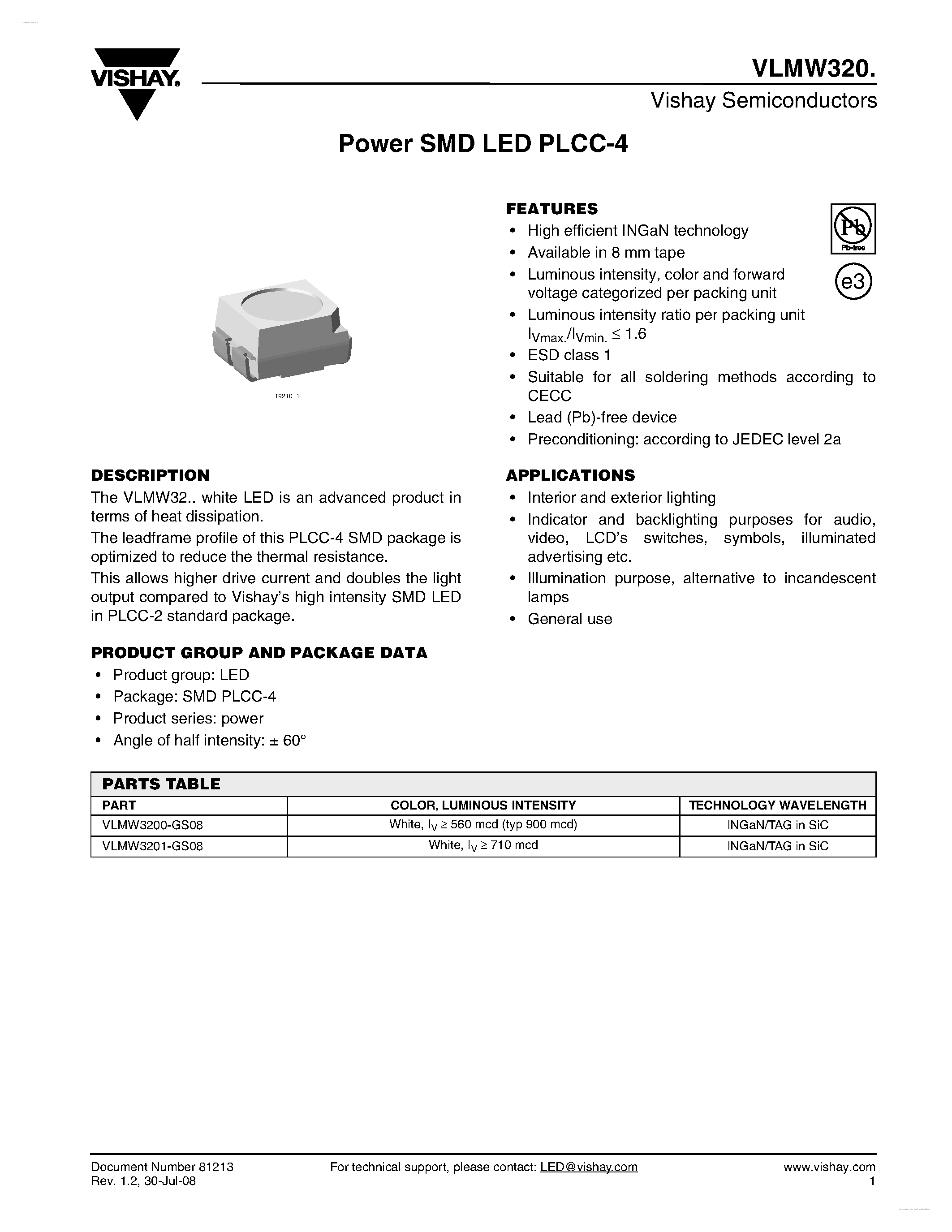 Datasheet VLMW320 - Power SMD LED PLCC-4 page 1