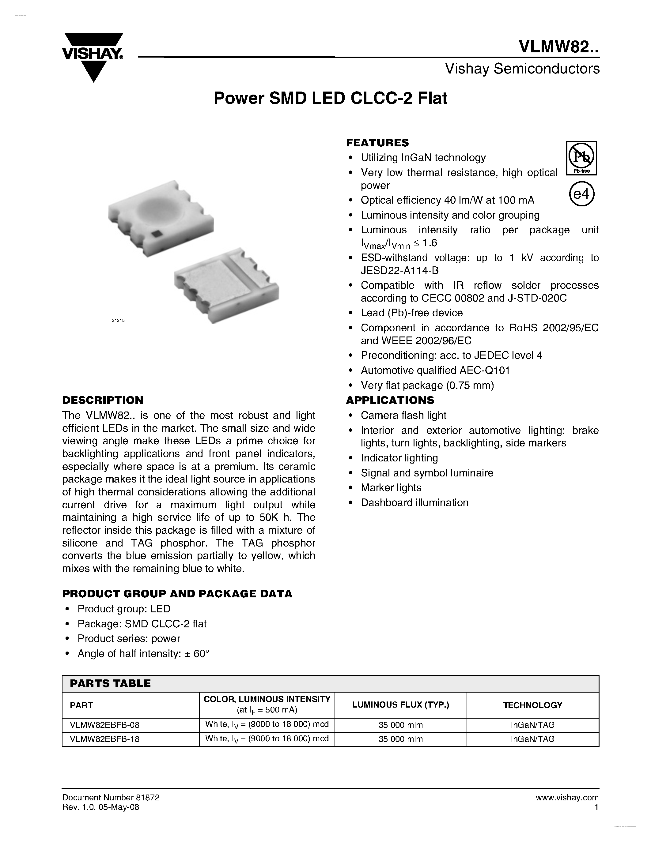 Даташит VLMW82 - Power SMD LED CLCC-2 Flat страница 1