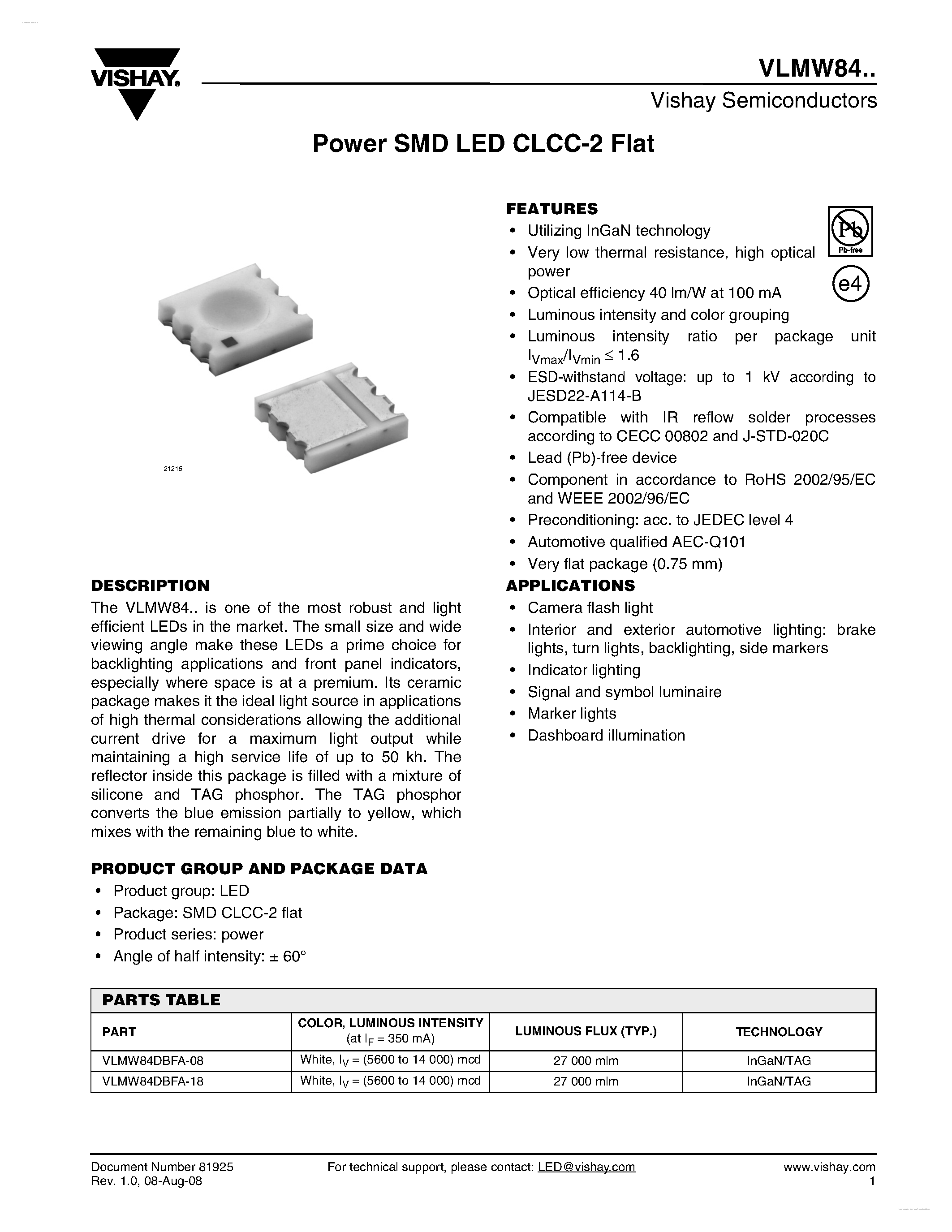 Даташит VLMW84 - Power SMD LED CLCC-2 Flat страница 1