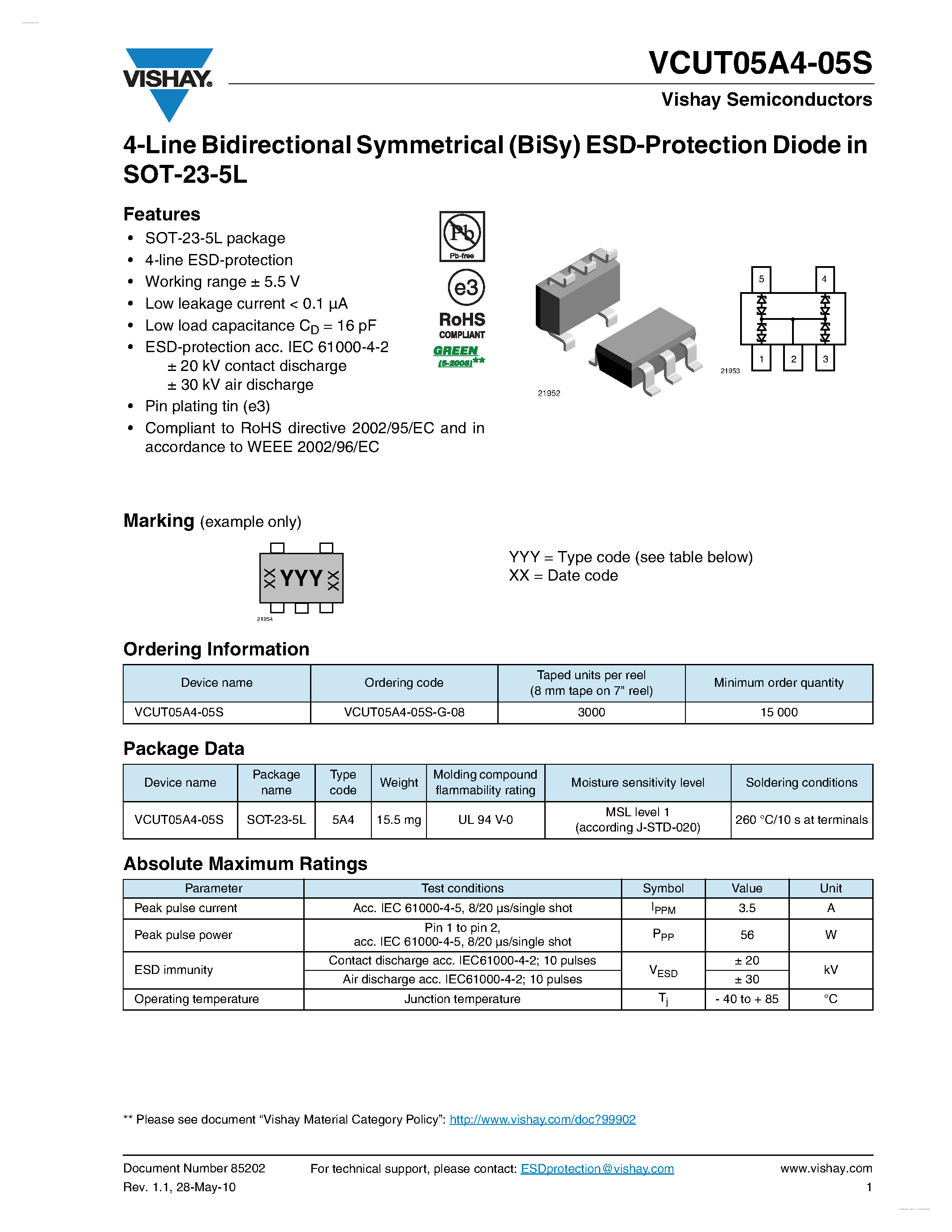 Datasheet VCUT05A4-05S - 4-Line Bidirectional Symmetrical (BiSy) ESD-Protection Diode page 1