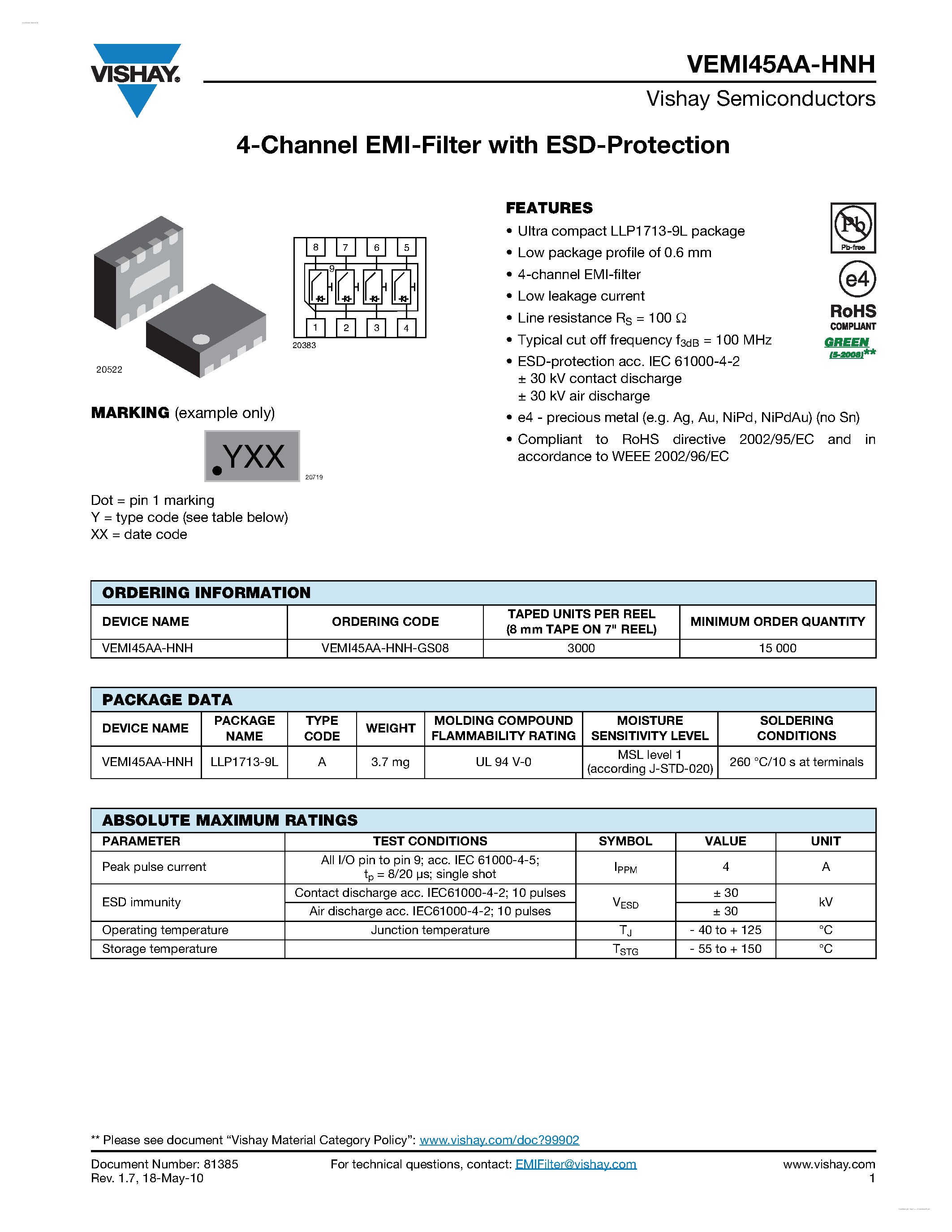 Datasheet VEMI45AA-HNH - 4-Channel EMI-Filter page 1