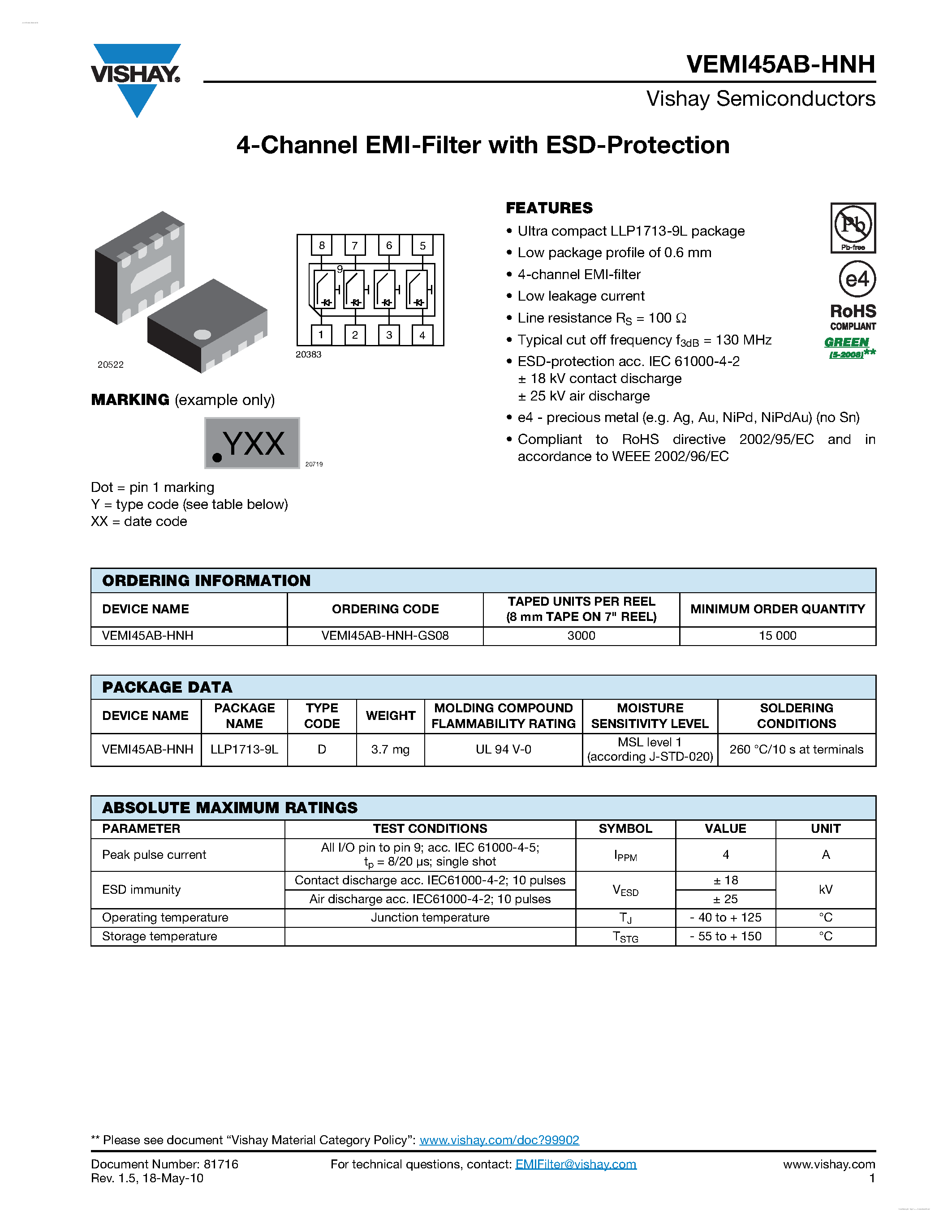 Datasheet VEMI45AB-HNH - 4-Channel EMI-Filter page 1