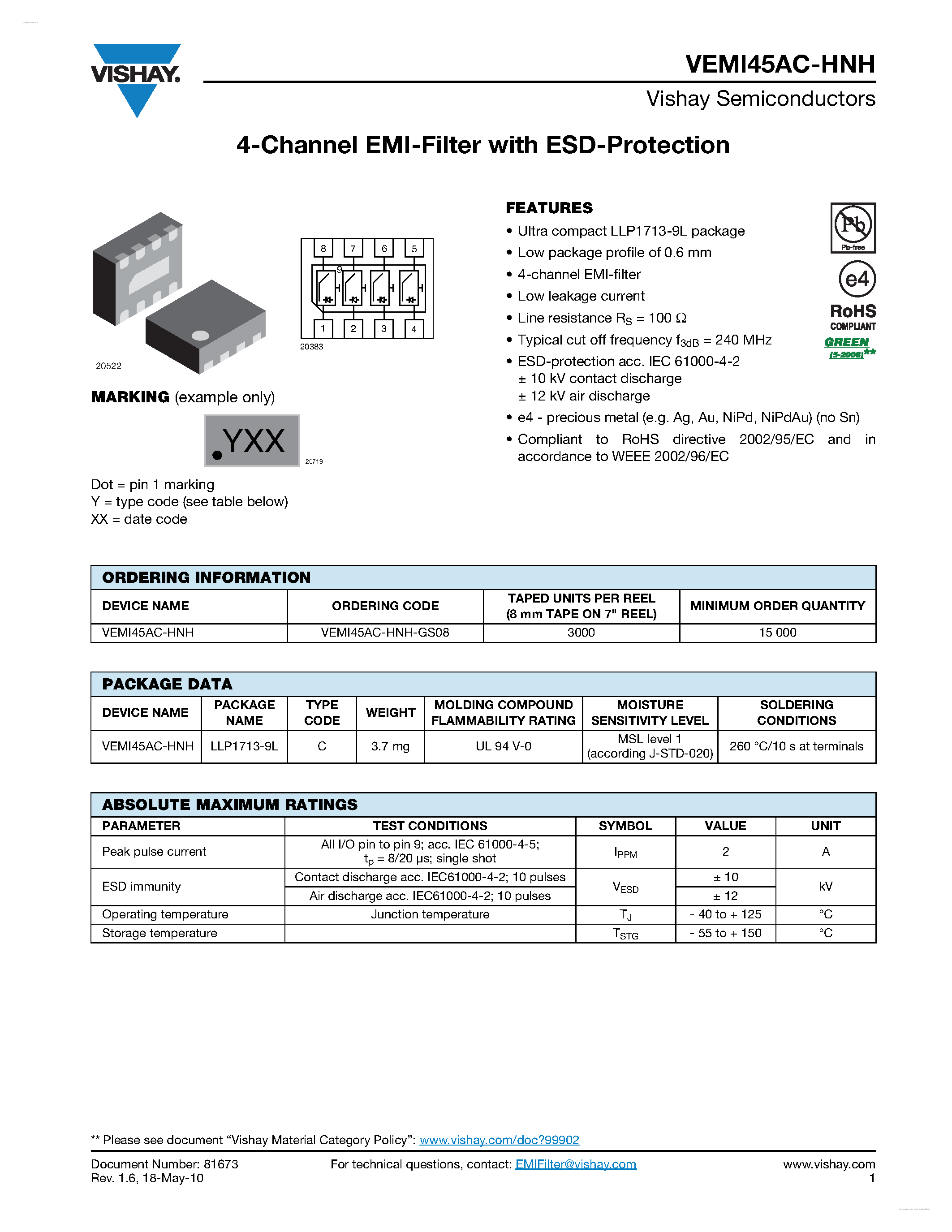 Datasheet VEMI45AC-HNH - 4-Channel EMI-Filter page 1