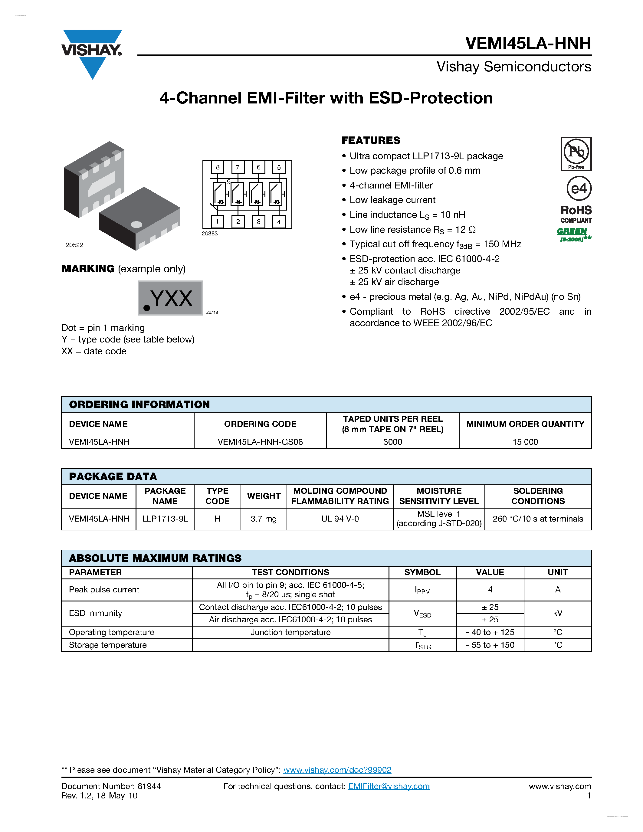 Datasheet VEMI45LA-HNH - 4-Channel EMI-Filter page 1