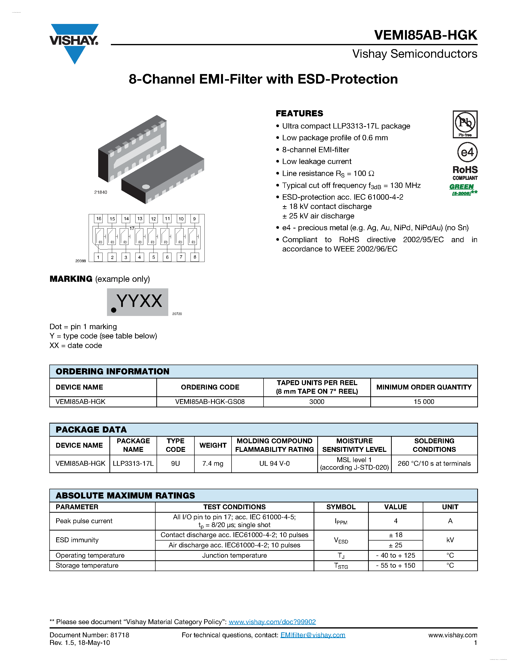 Даташит VEMI85AB-HGK - 8-Channel EMI-Filter страница 1