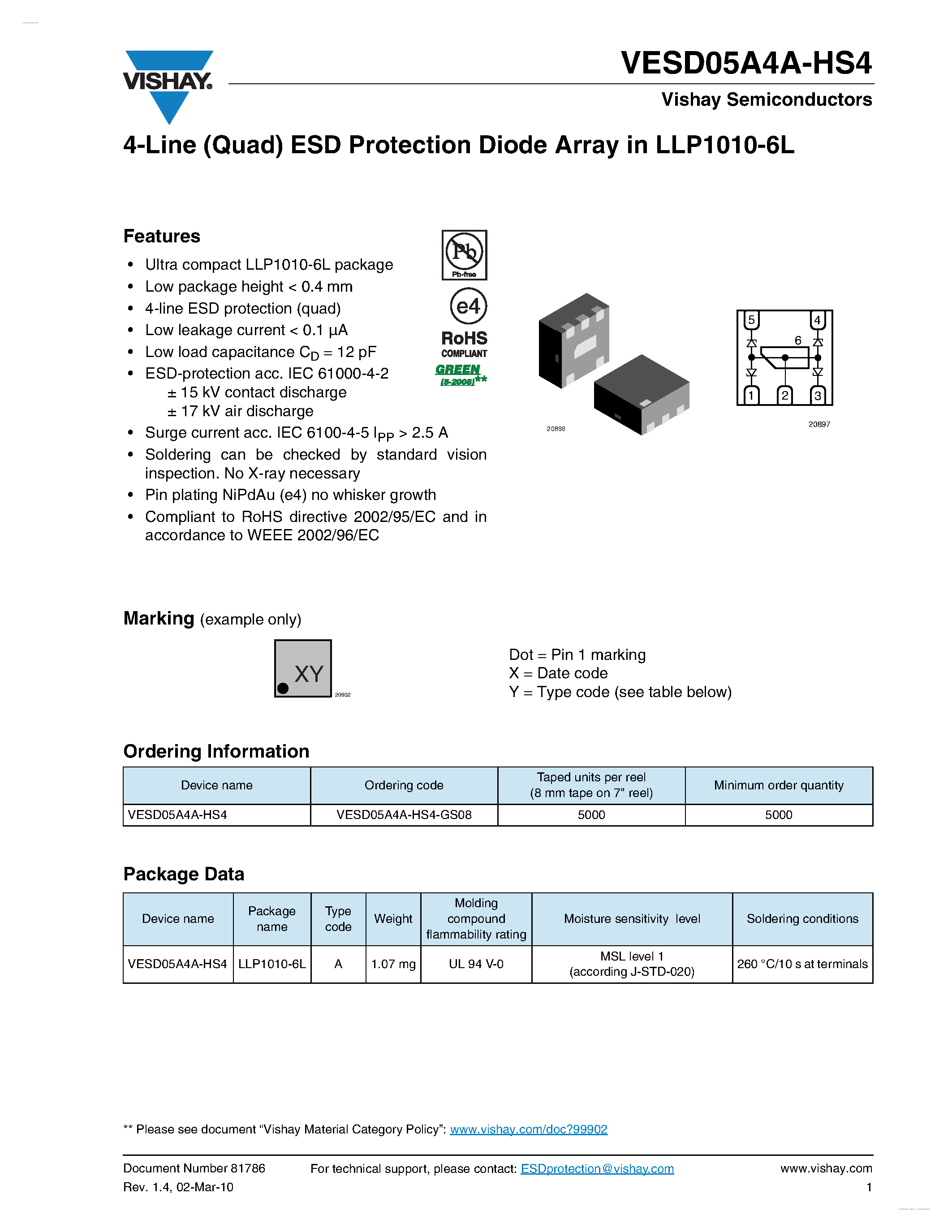 Datasheet VESD05A4A-HS4 - 4-Line (Quad) ESD Protection Diode Array page 1