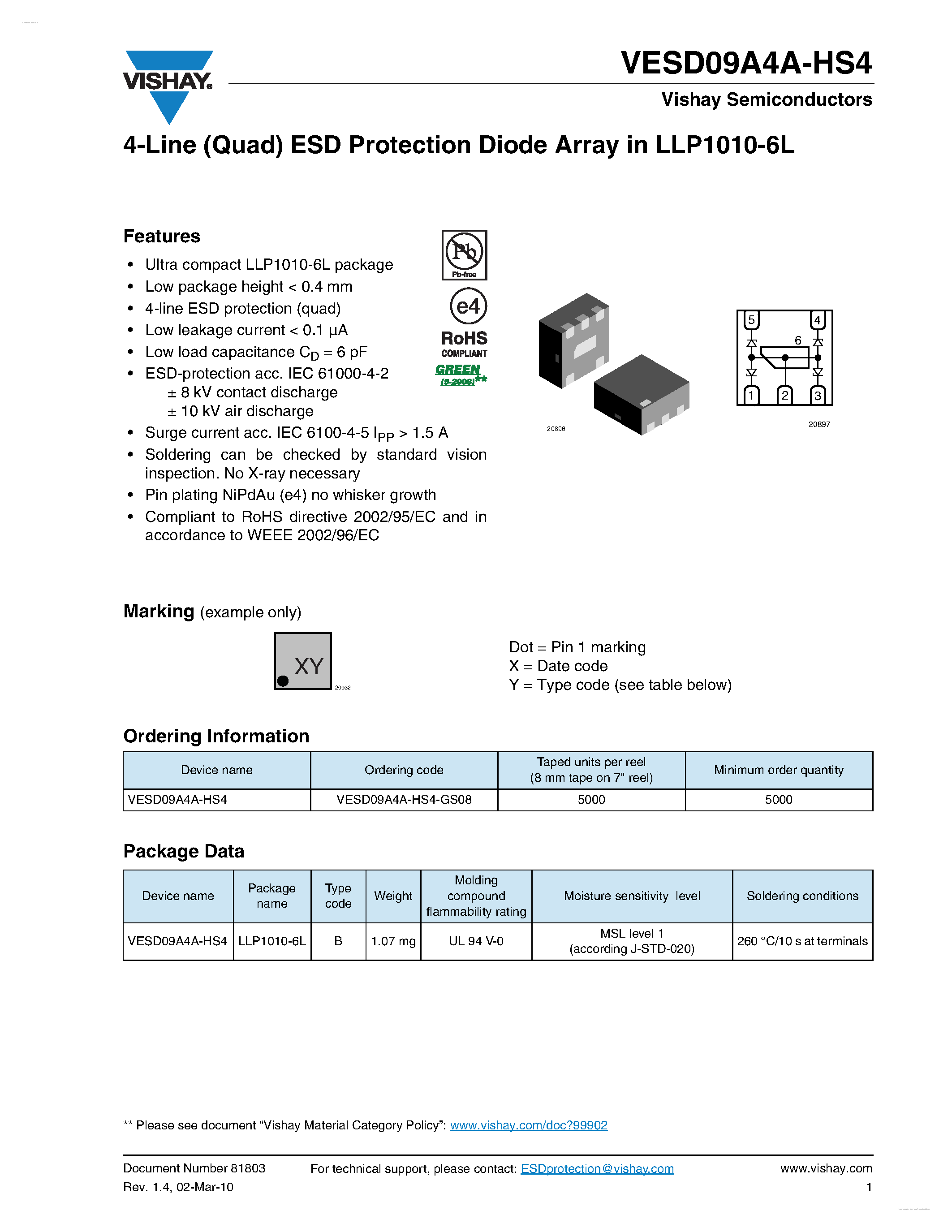 Datasheet VESD09A4A-HS4 - 4-Line (Quad) ESD Protection Diode Array page 1