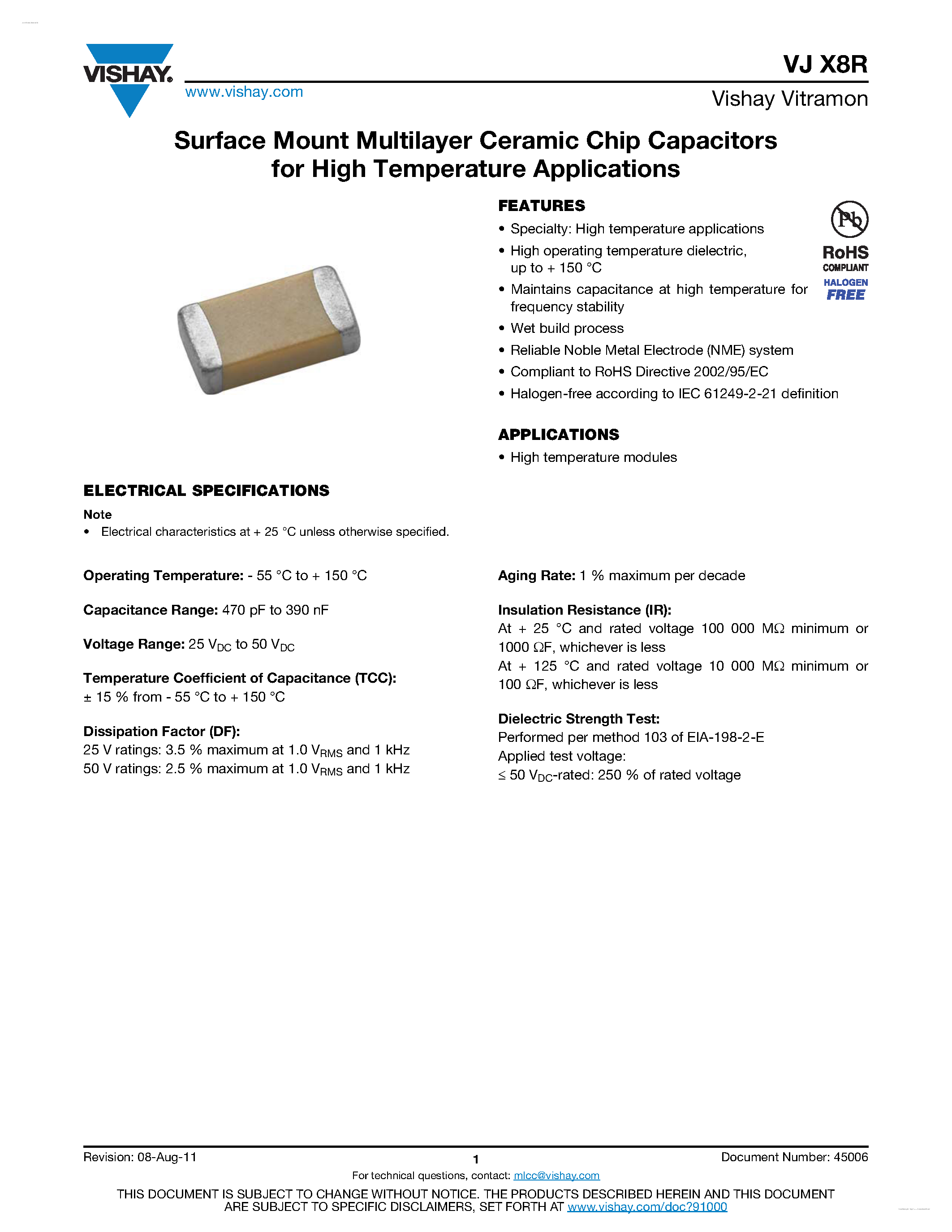 Даташит VJX8R - Surface Mount Multilayer Ceramic Chip Capacitors страница 1