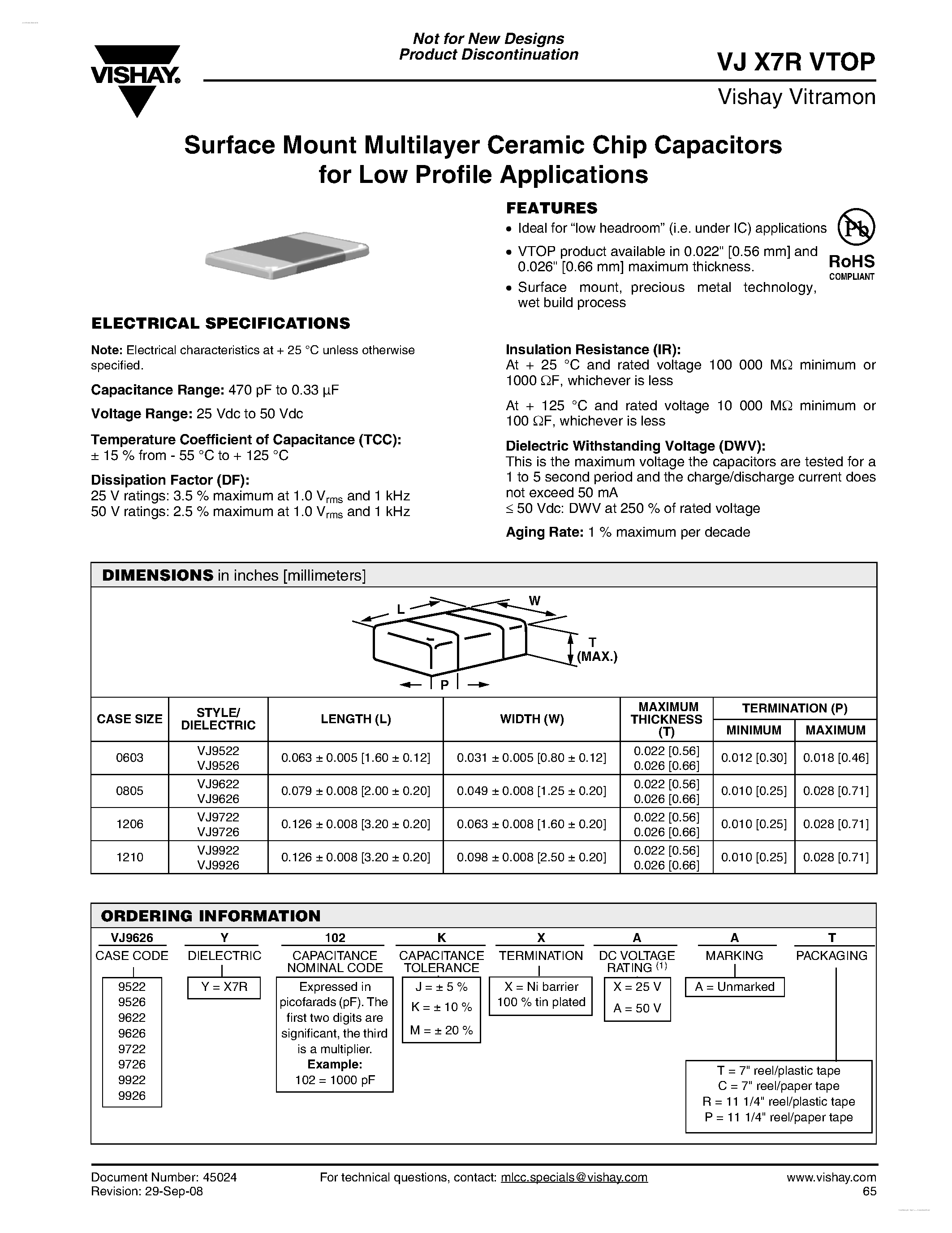 Datasheet VJX7RVTOP - Surface Mount Multilayer Ceramic Chip Capacitors page 1