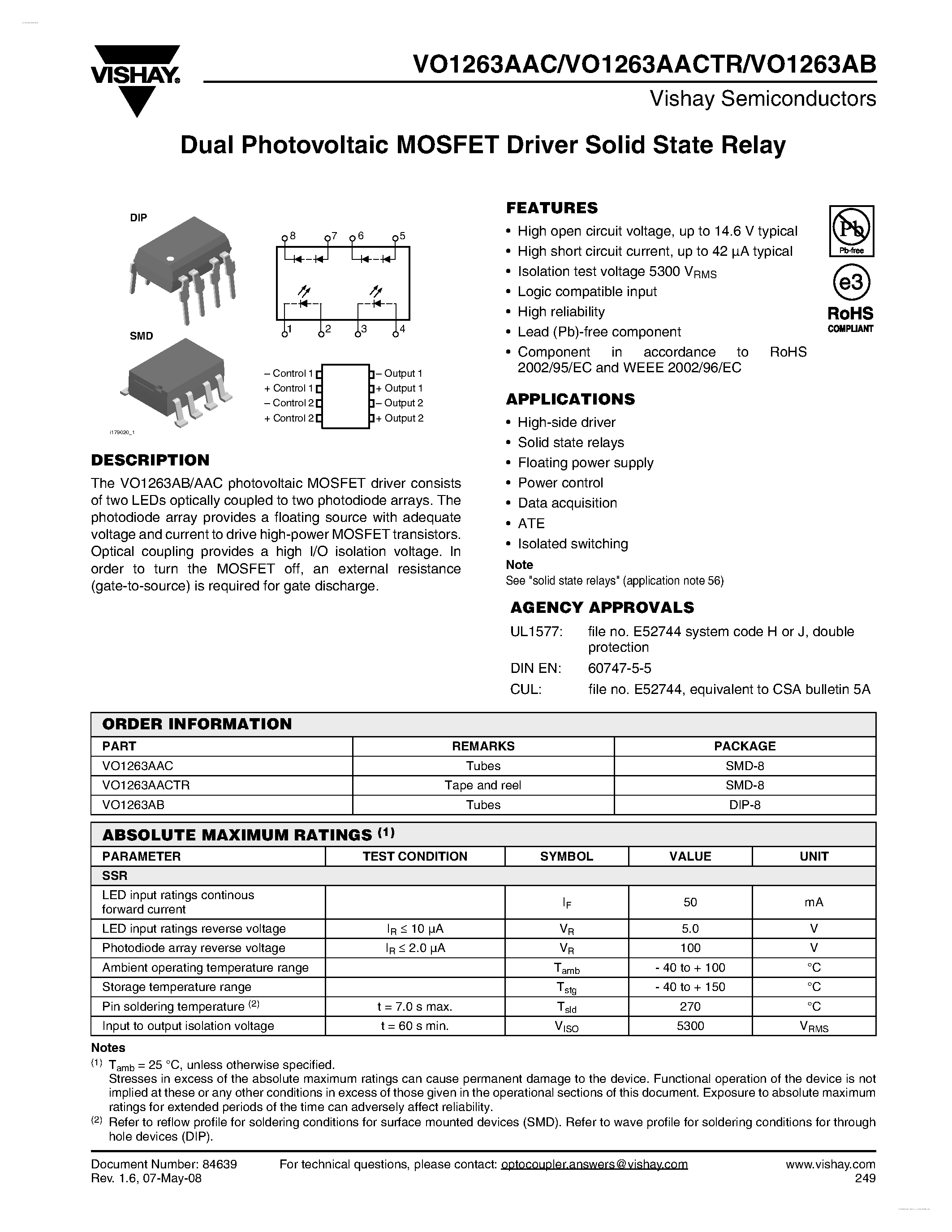 Даташит VO1263AAC - Dual Photovoltaic MOSFET Driver Solid State Relay страница 1