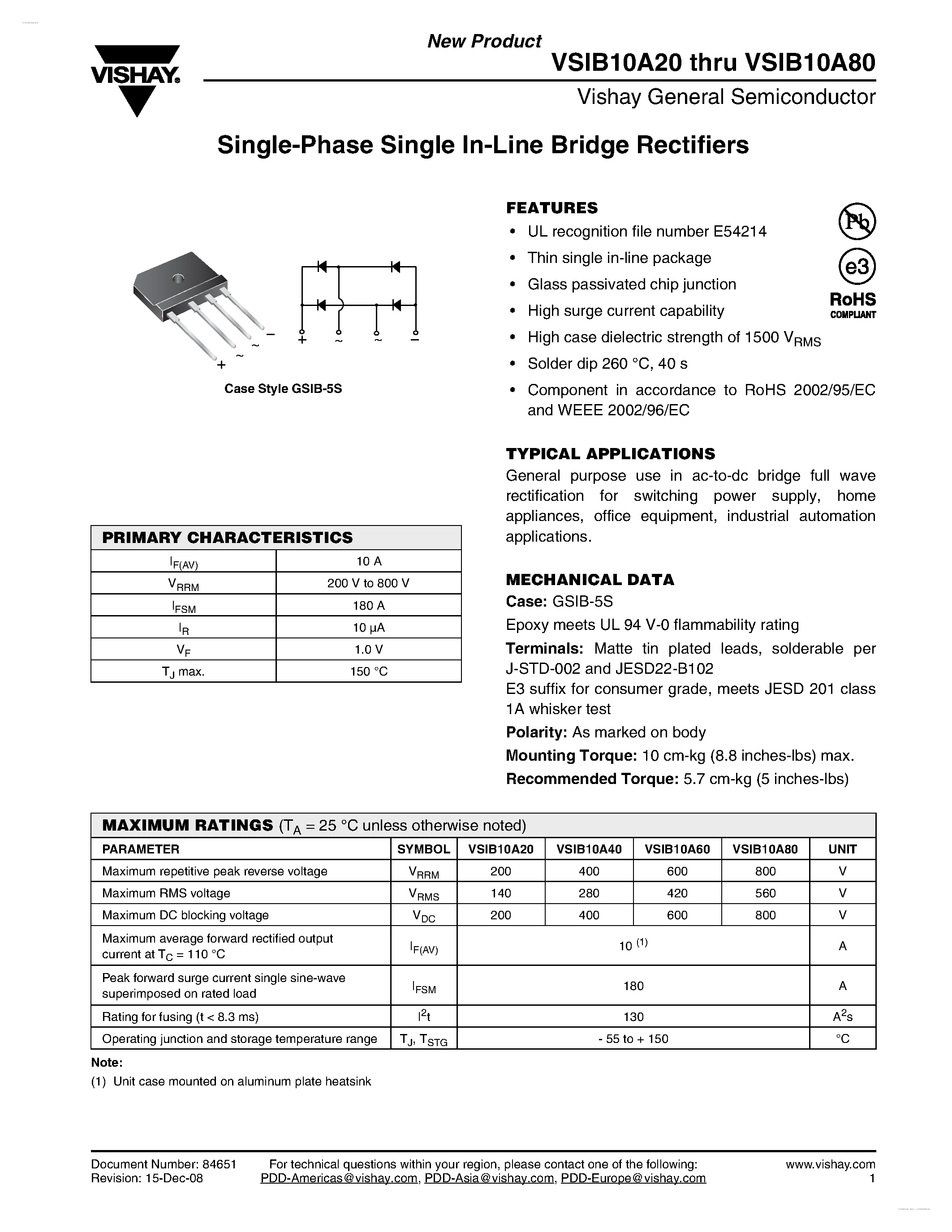 Datasheet VSIB10A20 - (VSIB10A20 - VSIB10A80) Single-Phase Single In-Line Bridge Rectifiers page 1