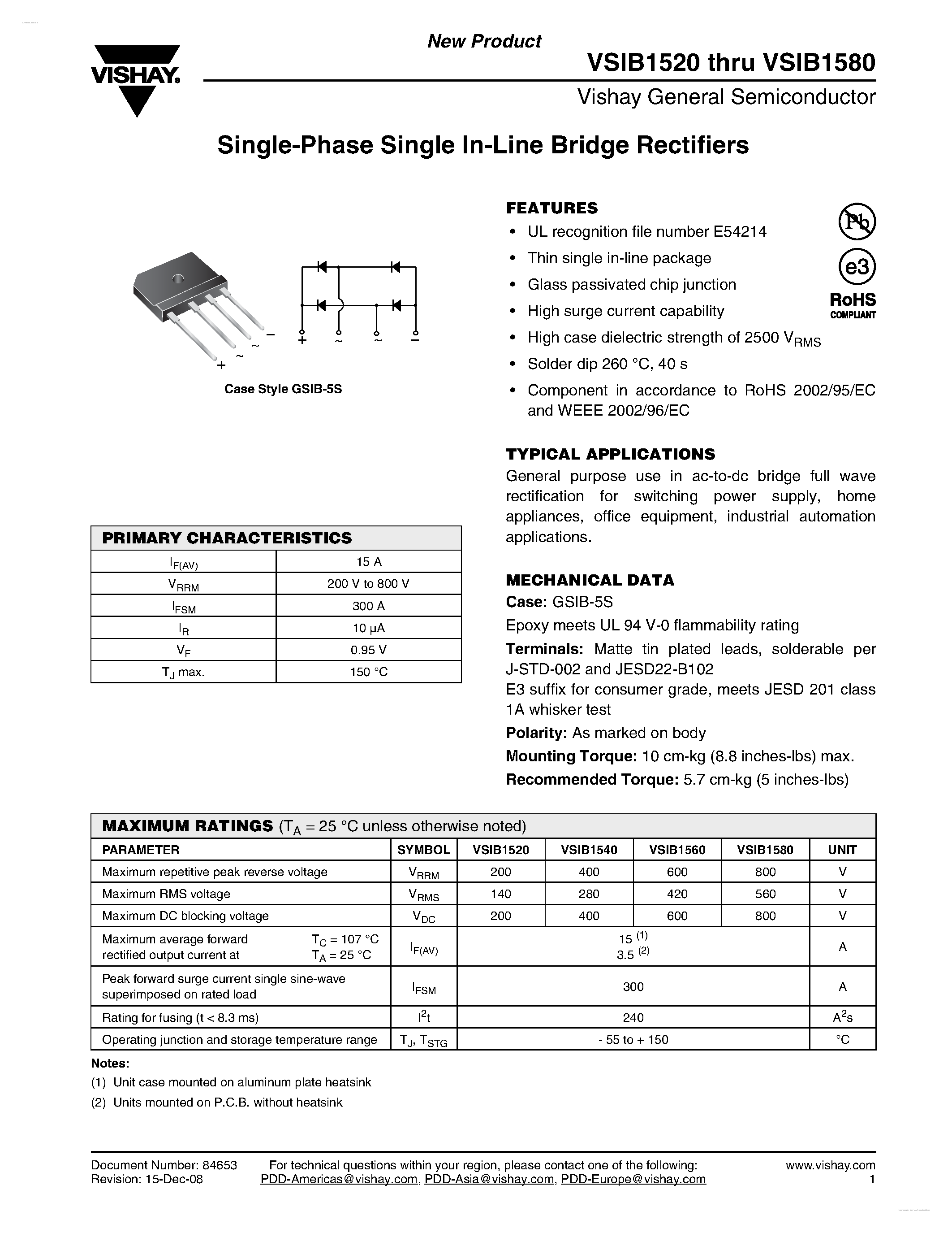 Datasheet VSIB1520 - (VSIB1520 - VSIB1580) Single-Phase Single In-Line Bridge Rectifiers page 1